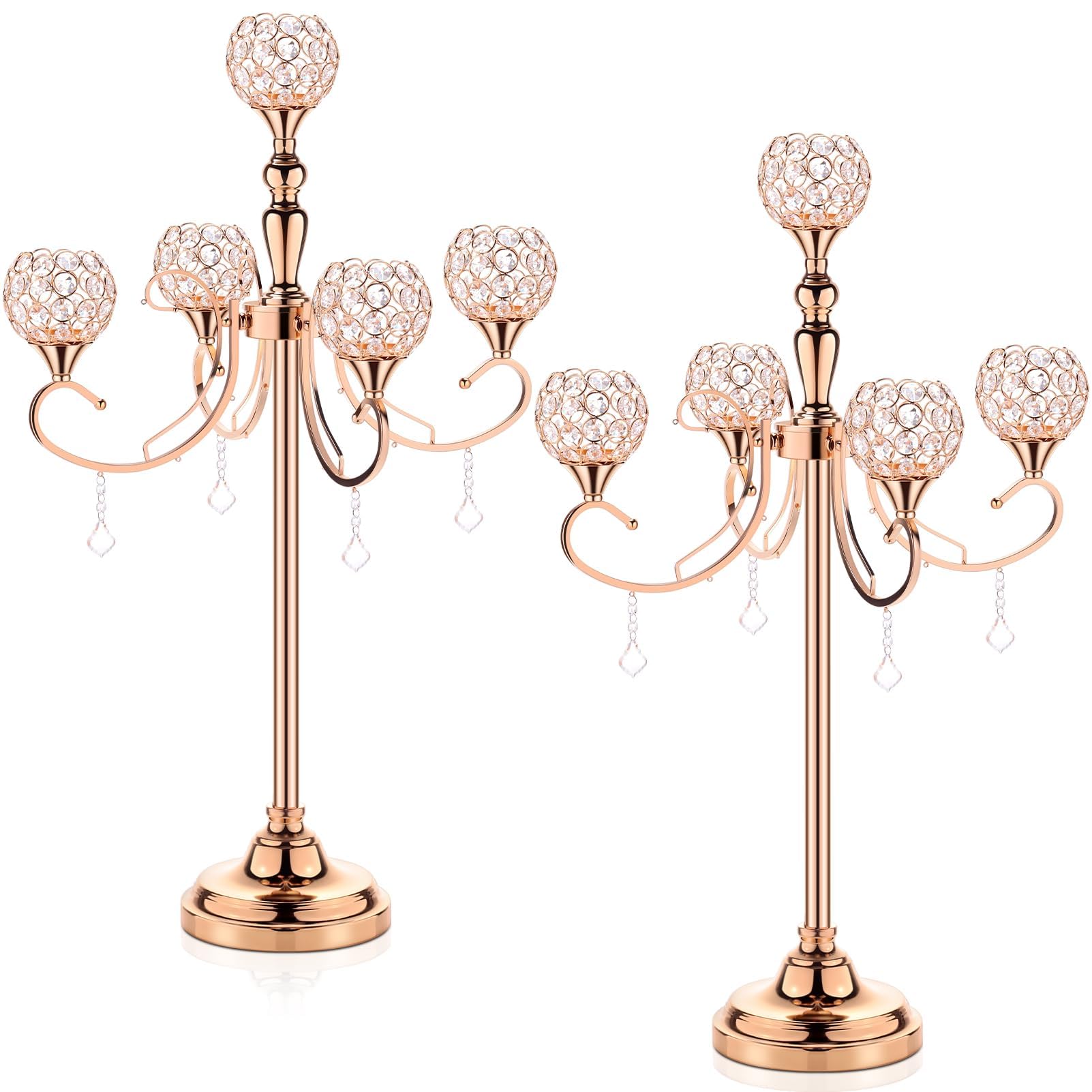 2 Packs 5 Arms Crystal Candelabra for Wedding Centerpiece, 33.8 Inch Tall Gold Floor Candle Holder Set with Chandelier Crystal Beaded, Anniversary Dinner Party Table Decoration Elegantes