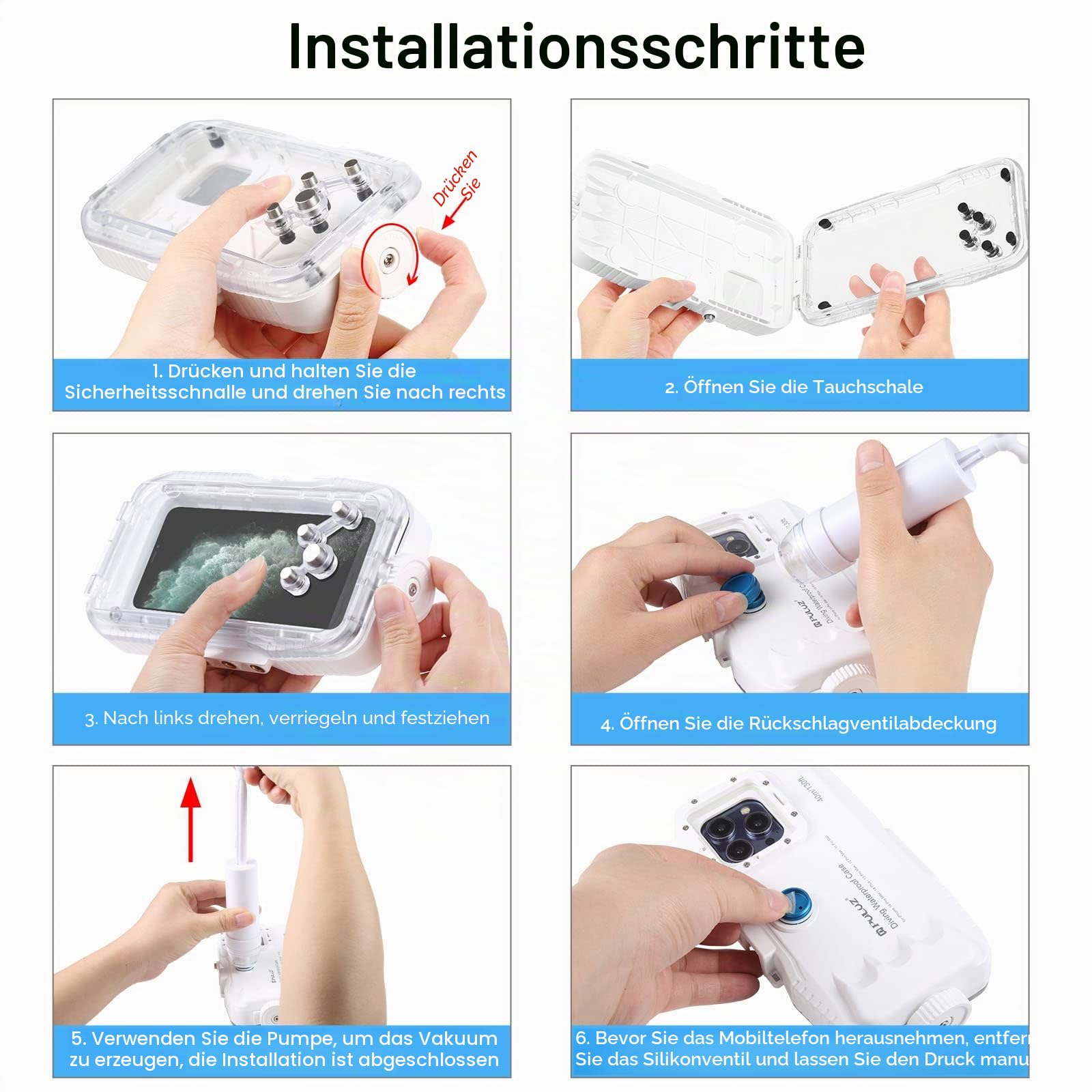 PULUZ wasserdichte Schutzhülle für iPhone 15/14/13/12/11 Pro Max 6.7 Zoll, 40 m Foto Video Hülle Unterwassergehäuse zum Tauchen Schnorcheln handyhülle, Surfen, (Nicht für ISO 26 System)