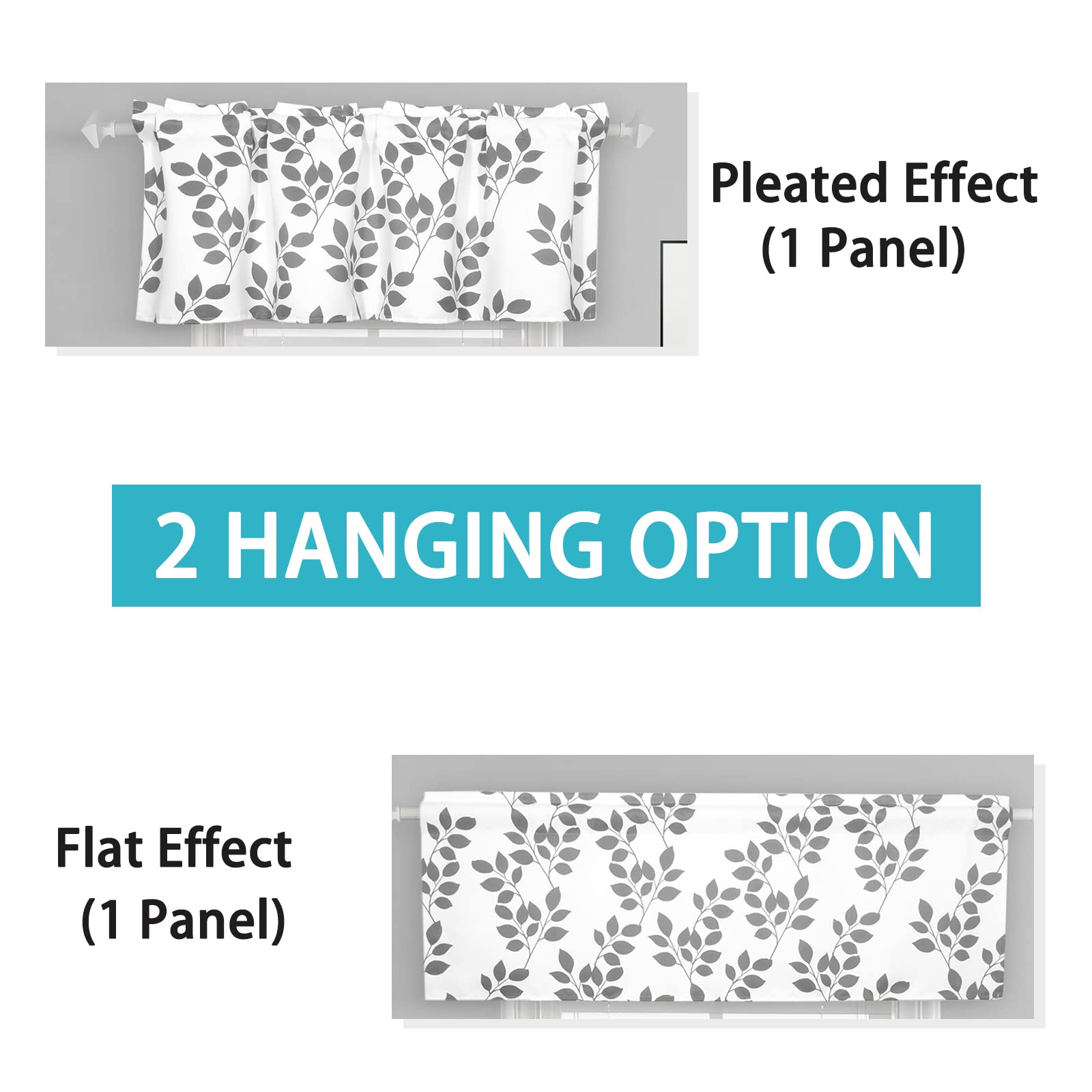 2 paneles de cortinas con cenefa gris de 18 pulgadas de largo, estampado de hojas, cenefas cortas con dobladillo para cortinero, para cocina, ventanas, sala de estar, dormitorio, baño, 52 x 18