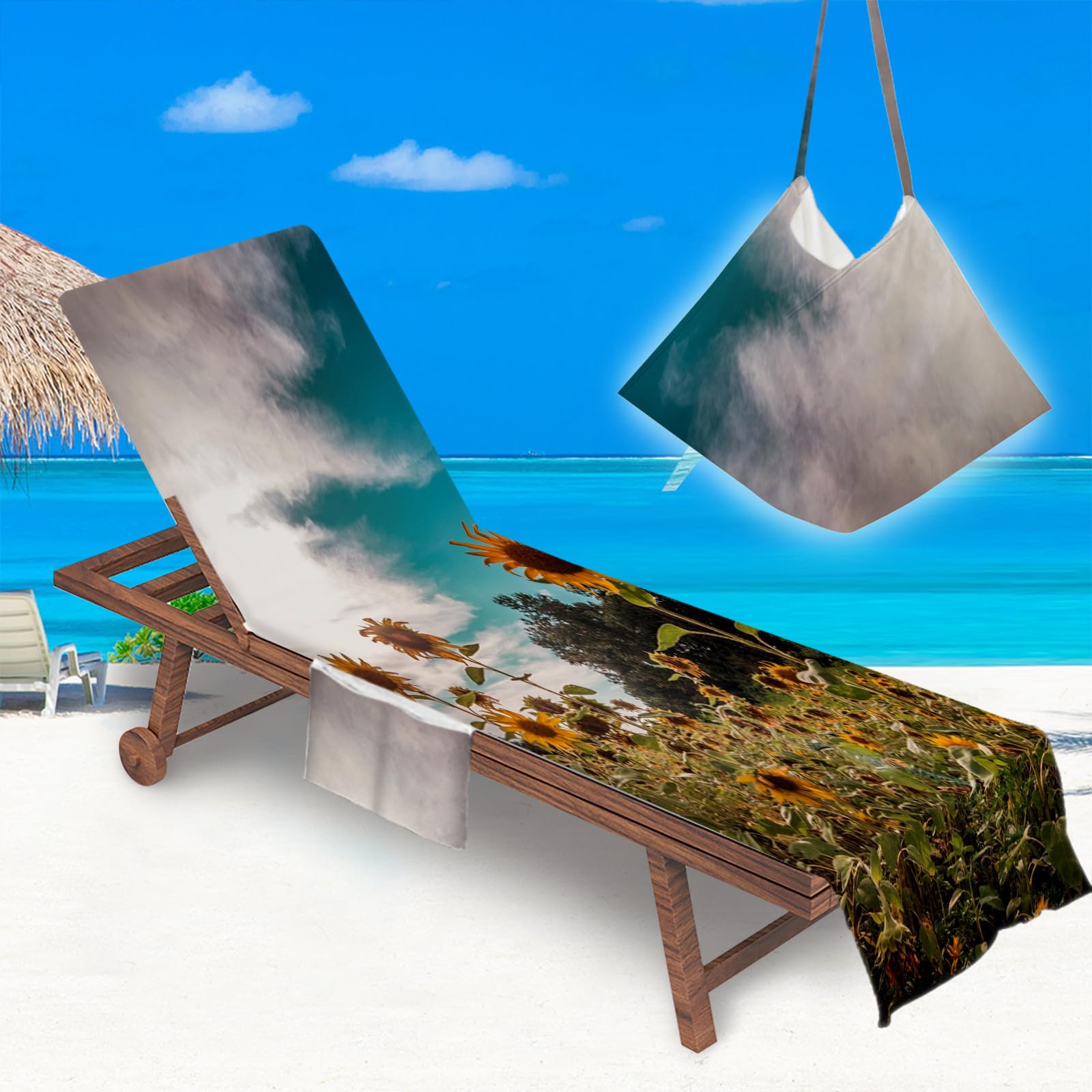 Sun Lounger Beach Towel with Pockets, Sunflower Pattern Beach Lounger Towel Beach Chair Cover Towel Fitted Microfiber Sunbed Towel Sun Lounger Towels for Summer Vacation (Sunflower)