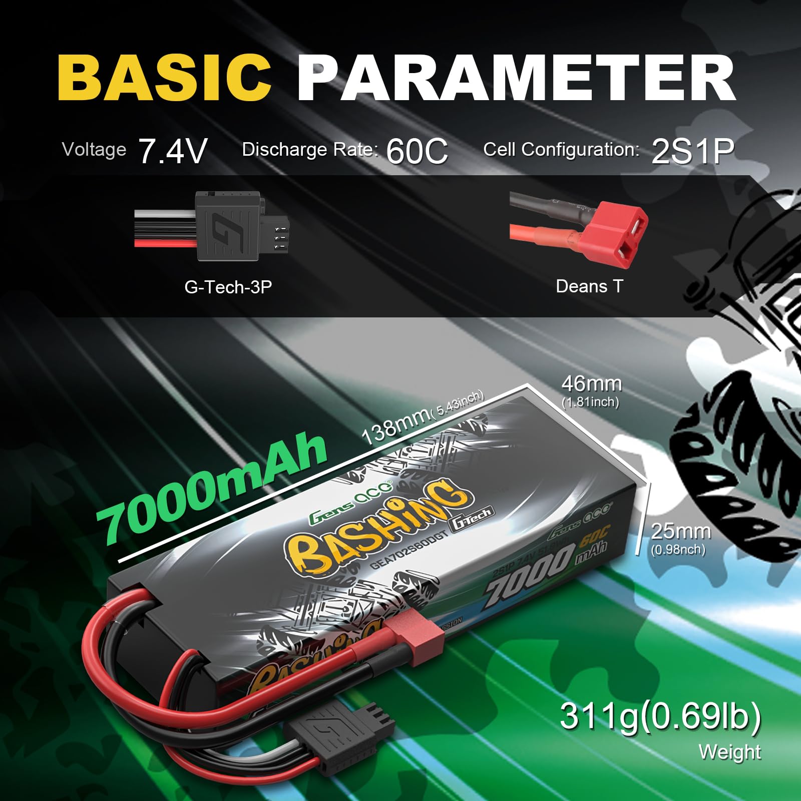 Gens Ace 2S 7,4V 7000mAh 60C LiPo akumulator G-Tech T (Deans) Bashing RC 1:8 1:10