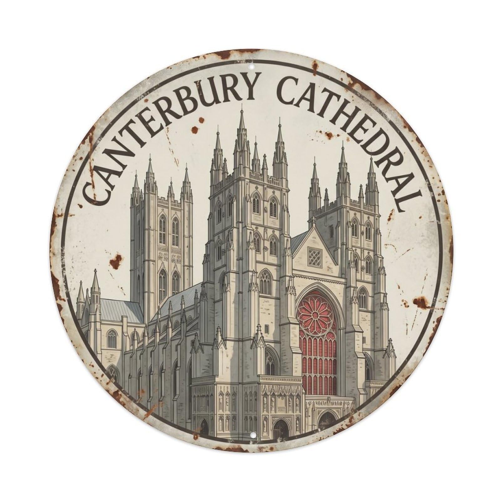 Fqcyn Style Vintage Travel Canterbury Cathedral Heritage Metal Tin Sign Plaque Wall Decor For Cafe, Club Bar, Office, Home Garden Round Metal Poster 8X8inch