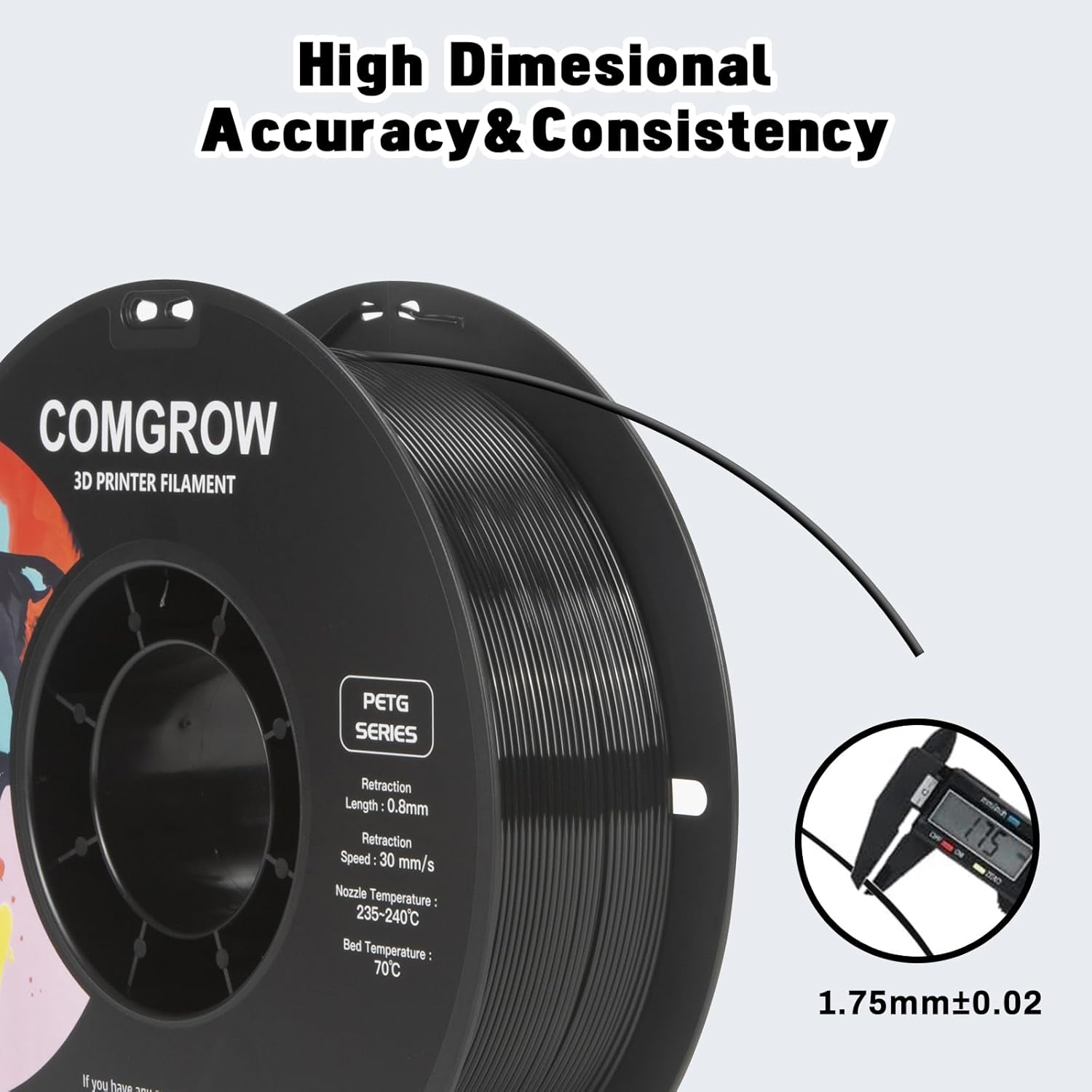 Comgrow PLA 3D Printer Filament, 3D Printer PLA Filament 1.75mm, Dimensional Accuracy +/- 0.02 mm, 2 Rolls of 1KG Spool PLA White and PETG 3D Printer Filament Black