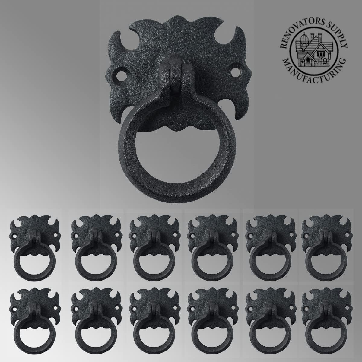 Renovators Supply Manufacturing Black Wrought Iron Cabinet Ring Pulls 2.75" W Antique Decorative Ring Swing Handles for Drawer Doors Rust Resistant Easy Install Dresser Pulls with Hardware Pack of 12