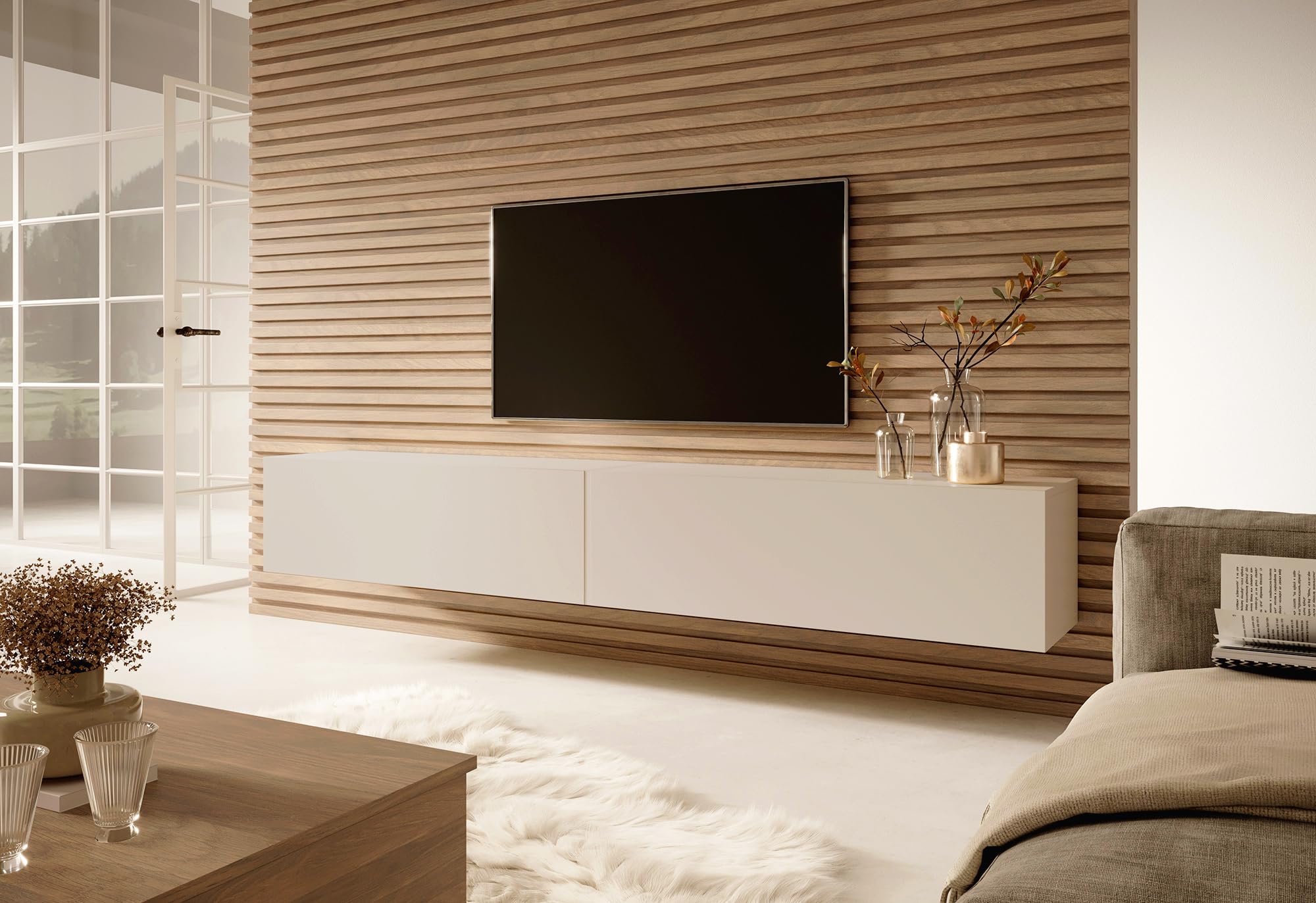 Selsey Meuble TV Armoire De Télévision 200 cm Suspendu Salle De Séjour Chambre À Coucher Gris Beige Bisira
