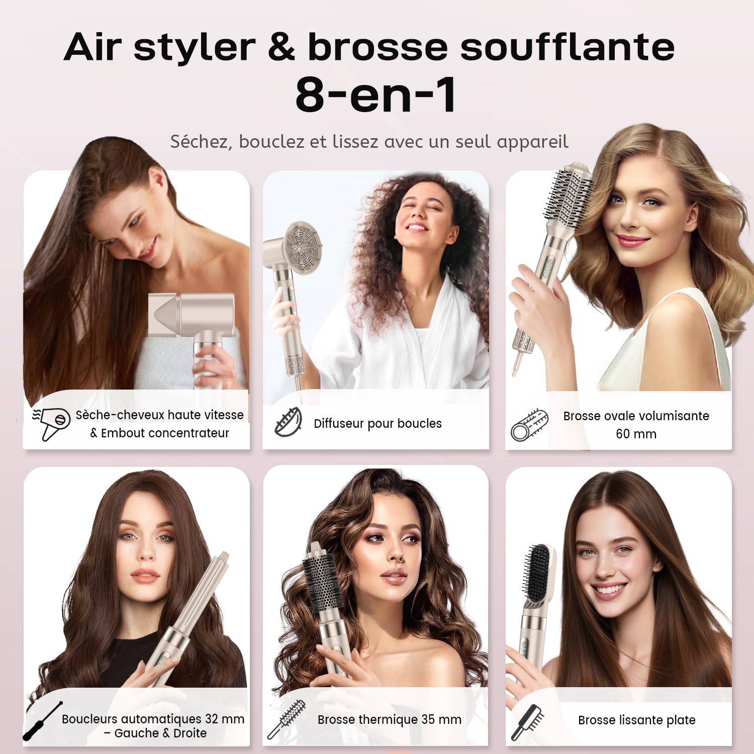 Air Styler 8-en-1 Brosse Soufflante – Haute Vitesse 110 000 tr/min Séchage & Coiffage Rapide, Ionique Sèche-Cheveux avec Boucleurs Auto-Wrap, Diffuseur, Brosse Volume & Lissante