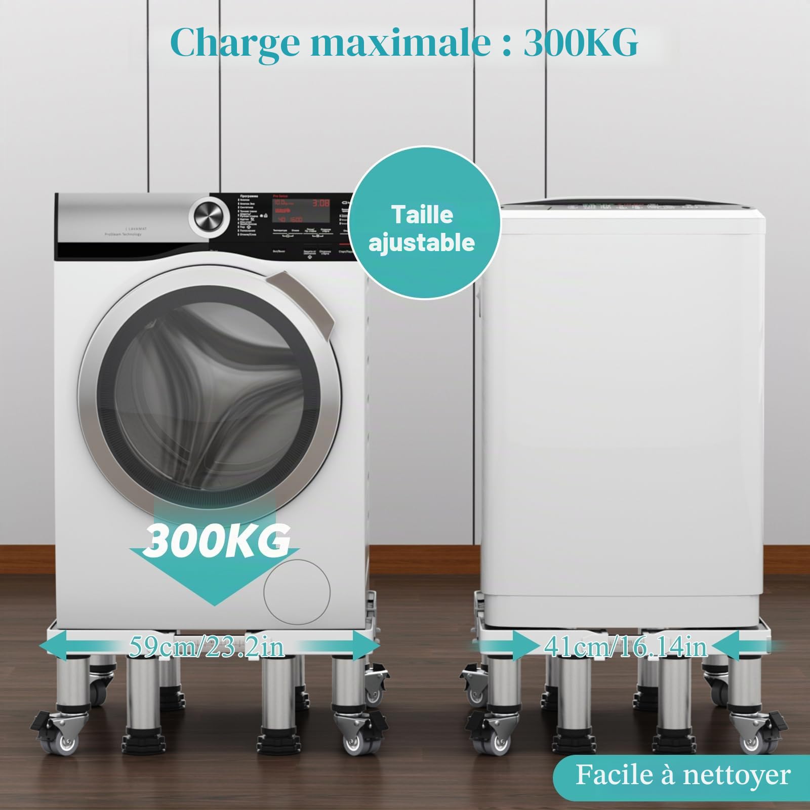 DEWEL Base de Réfrigérateur Réglable longueur 41–59 cm hauteur 16-20 cm Base de Réfrigérateur pour Sèche-linge Frigo Lave-vaisselle avec 4 pieds et 4 roues, Charge 300 kg