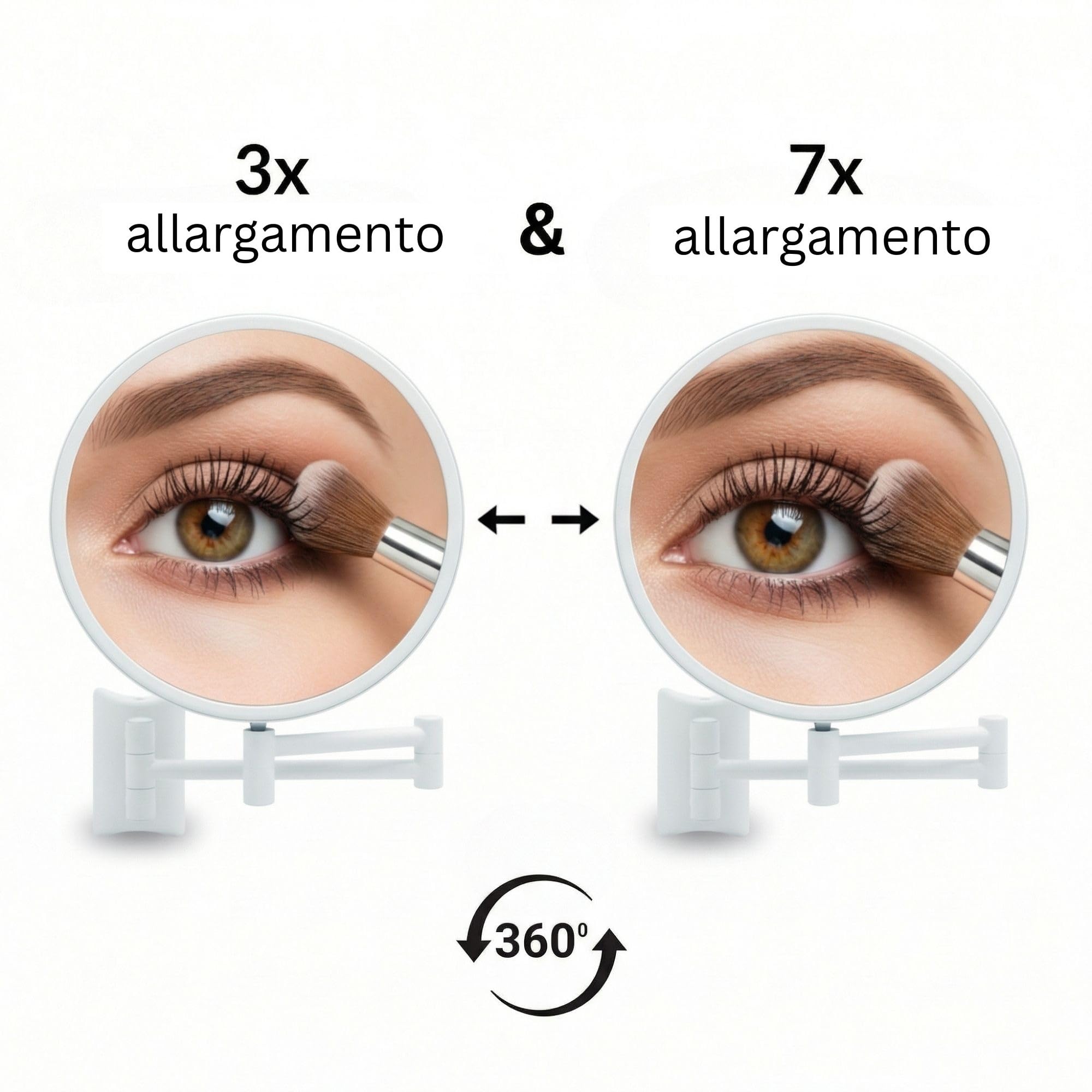 Imola Specchio Ingranditore da Parete – Specchio Trucco Girevole a 360° – Specchietto Bifacciale per Rasatura con Ingrandimento – Braccio Estensibile in Metallo, Ø 19 cm (Bianco 3x / 7x)