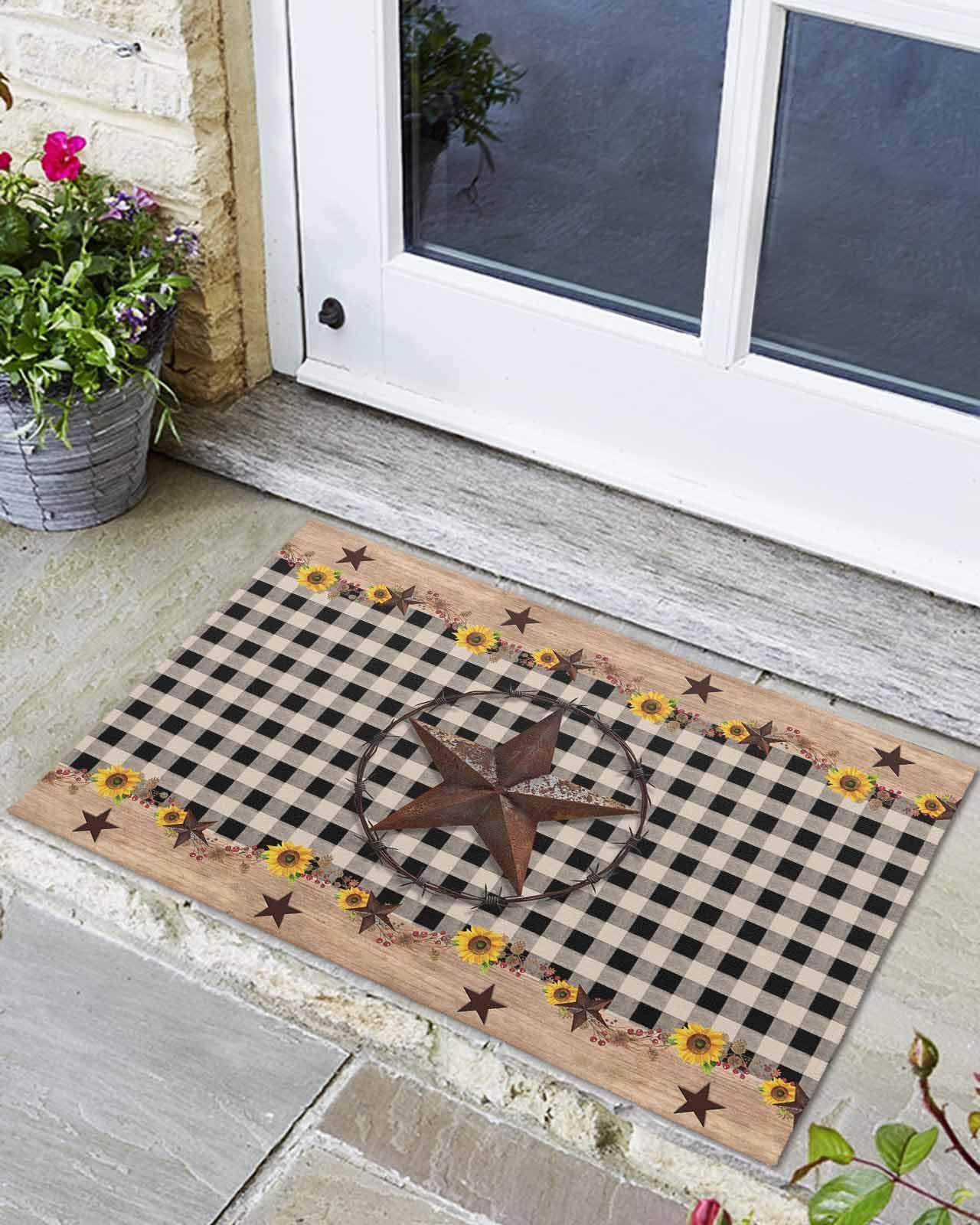 Welcome Doormat Country Star on Black White Check Non-Slip Front Door Mat Absorbent Bath Mats Summer Sunflower Berry