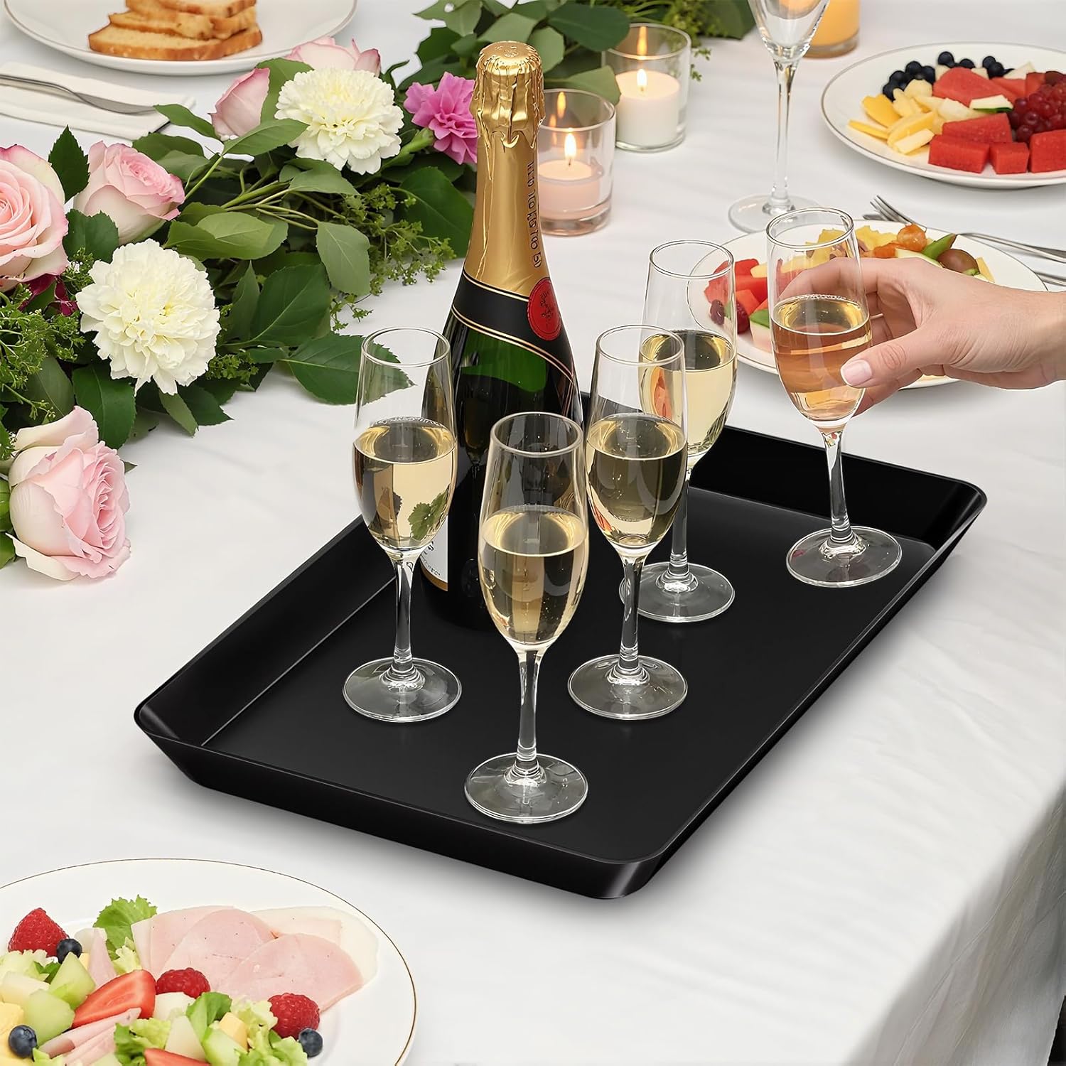 10-Pack Serving Tray Set, Reusable Plastic Serving Platter for Party Supplies, Entertaining, Grilling Accessories, Stackable Kitchen Snack Container for Dessert, Fruit, Cookie, (Black)