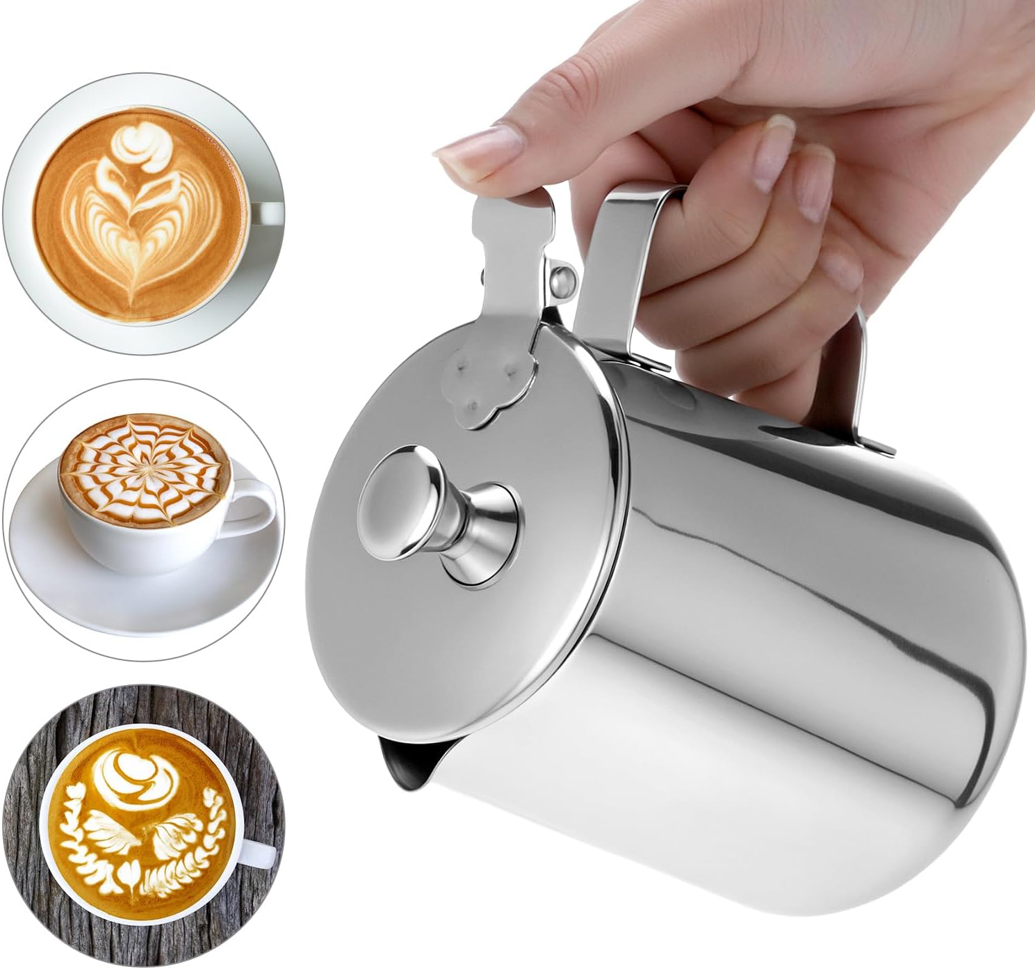 QWORK 600 mL 304 Stainless Steel Coffee Cup, Milk Frothing Pitcher with Lid, Latte Art Steaming Jug with Precision Pour Spout and Ergonomic Handle for Espresso Cappuccino Coffee