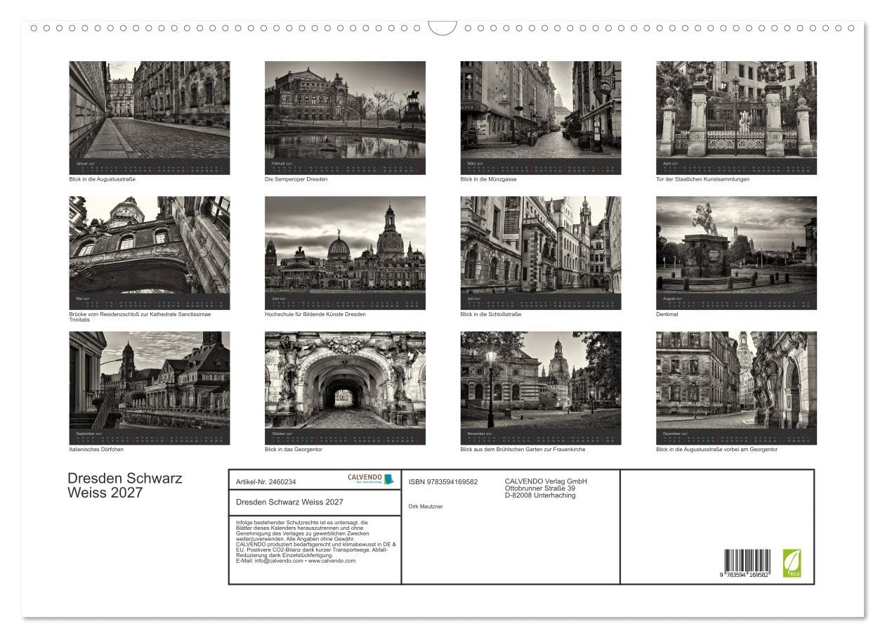 CALVENDO - Dresden Schwarz Weiss 2027 (Wandkalender 2027 DIN A2 quer), Monatskalender: Impressionen der Stadt Dresden in Schwarz Weiss.