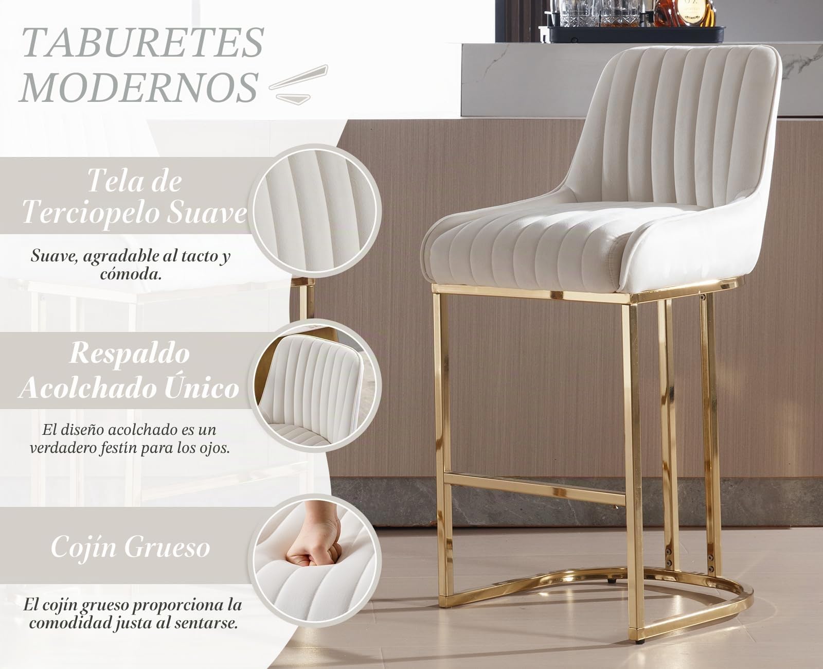 Ya-Home Juego de 2 Taburetes Altos de Cocina de Terciopelo Sillas Altas de Cocina sin Reposabrazos,Taburetes de Bar Modernos con Patas de Metal Doradas para Isla de Cocina/Resturante,Blanco