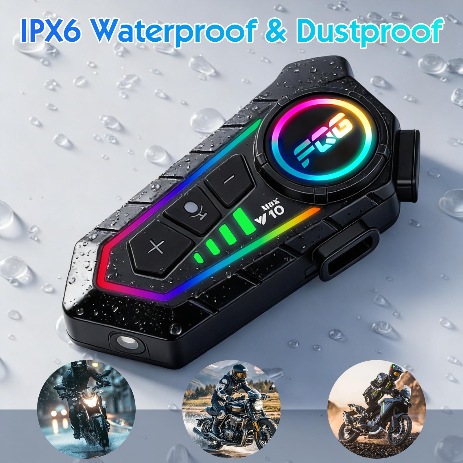 HISUEKIG 6.0 Motorcycle Helmet Speakers, Super Long Battery Life, Motorbike Helmet Bluetooth Headset with Soft/Hard Mic,IP56 Automatic Answer/Intelligent Noise/RGB LED Light - 4