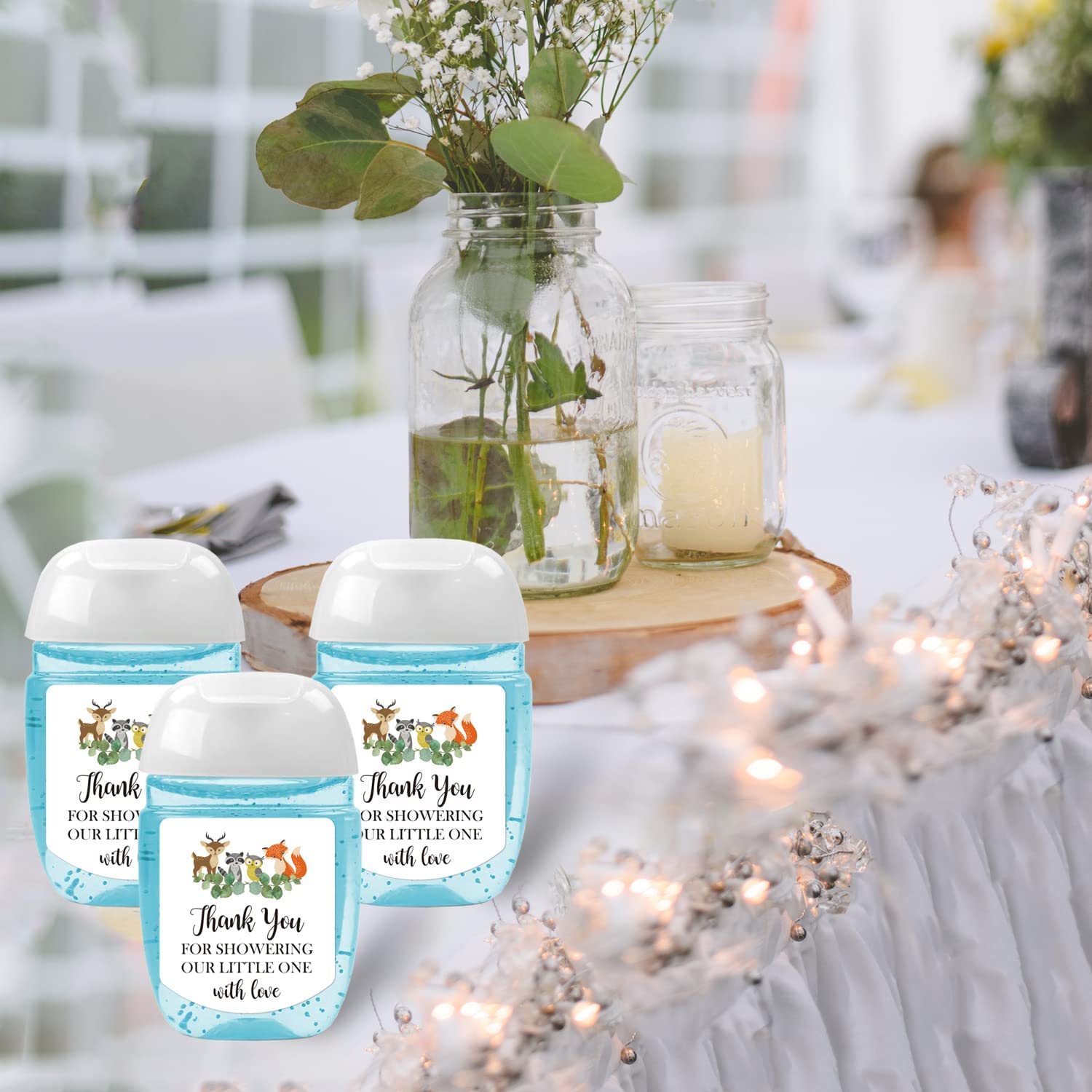 Etichette disinfettanti per le mani con scritta "Thank You for Showering Our Little One with Love", adesivi per bomboniere per baby shower, bomboniere safari, colore verde, 3,2 x 3,5 cm
