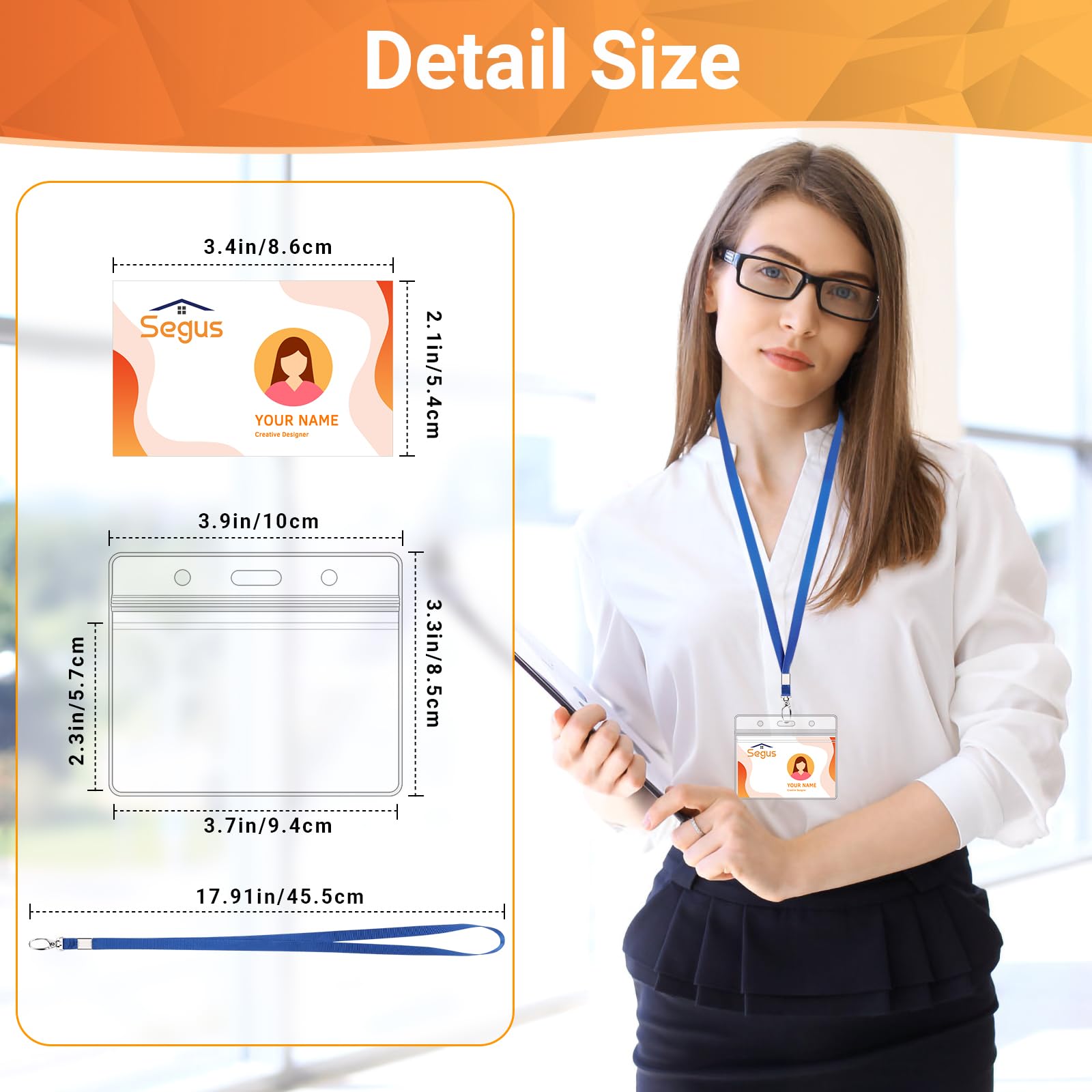 Segus Acreditaciones Colgantes, 20 Piezas Lanyard Azul con Fundas Tarjetas Identificativas, Transparente e Impermeable, Cinta Cuello Llaves para Profesores, Enfermeras y Estudiantes (Horizontal)