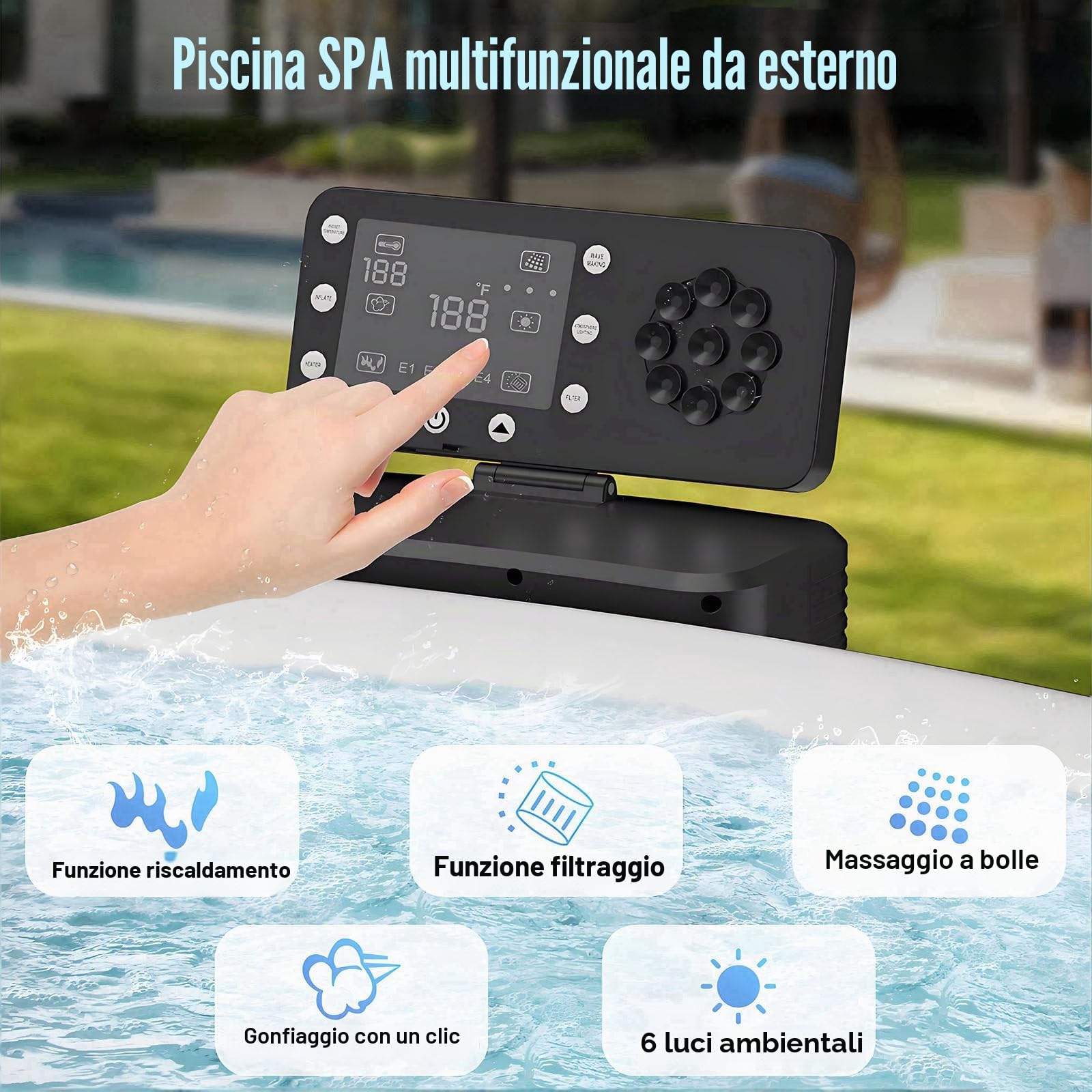 Vasca Idromassaggio Gonfiabile, Spa Gonfiabile Portatile di Grandi Dimensioni con 180 Getti di Massaggio Ad Aria, Pompa Riscaldante e Copertura Isolante, Impermeabile per Esterni, per 2-6 Persone, per
