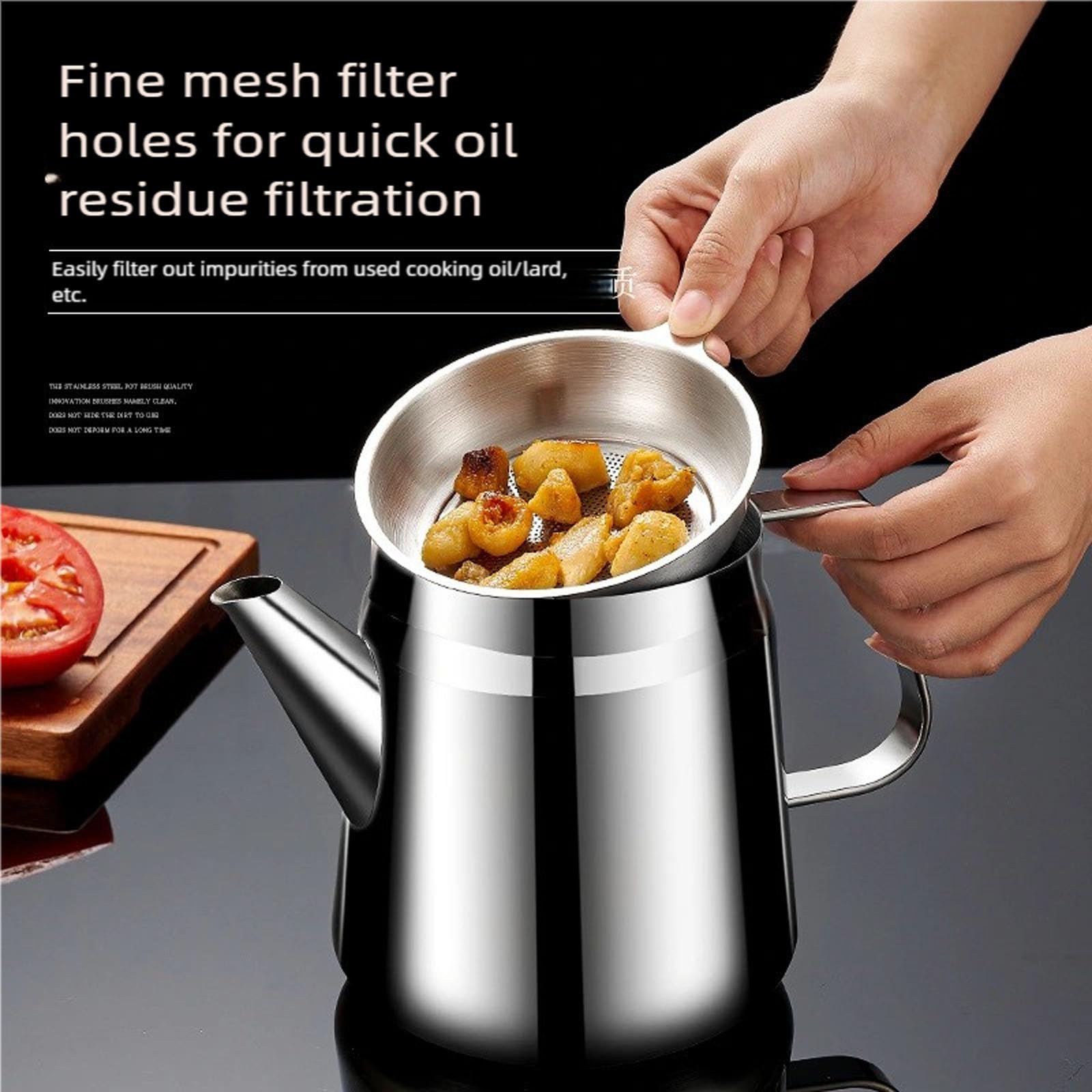 Serbatoio per filtro dell'olio in acciaio inox con setaccio di precisione e coperchio. Contenitore efficiente per grasso da cucina, per conservare
