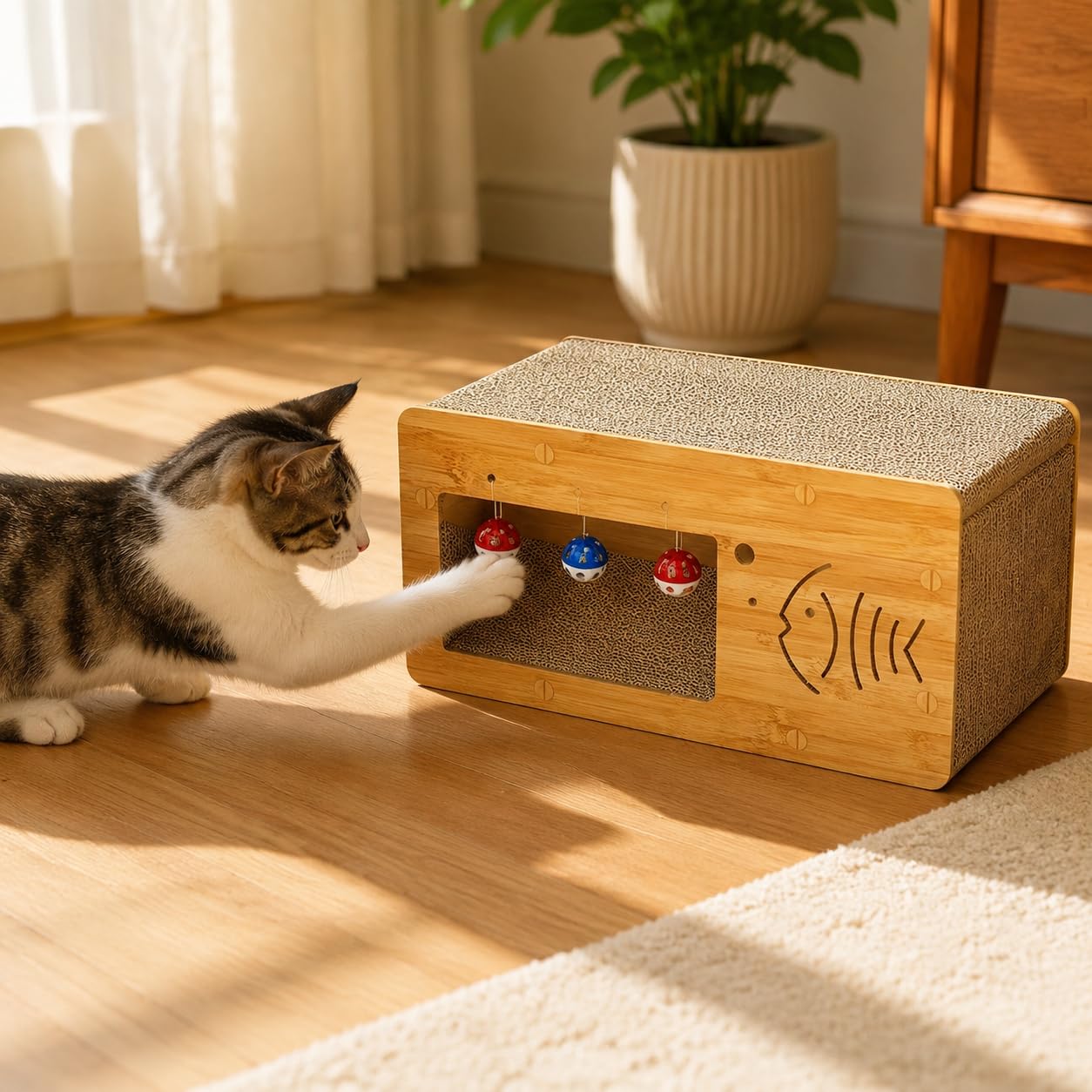 predolo Kratzhaus Katze aus Wellpappe, Katzenhöhle Pappe mit vertikaler Kratzfläche für Wohnungskatzen, Kratzhaus Katzenmöbel für Ruhe und Spiel, Einzelnes TV-Gerät, 55 x 28 x 26 cm