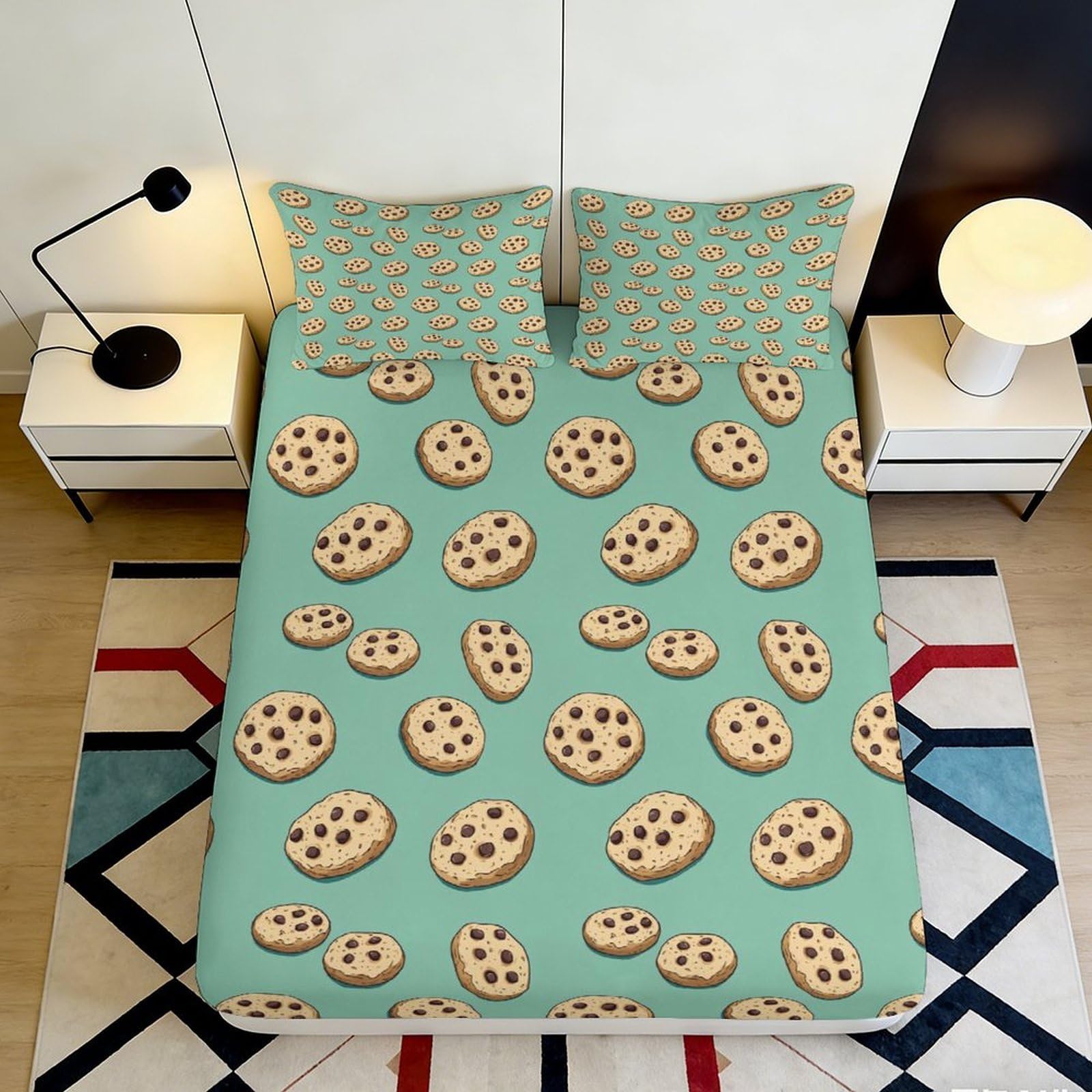 3D Printed Chocolate Chip Cookie Fitted Sheet Microfiber Soft Anti-Slip Blue Biscuit Bed Cover for Bedroom Dorm Protection Decor 120x200x25cm