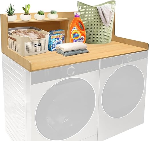 2-Tier Washer Dryer Countertop, Wooden Laundry Countertop with Shelf, Washer and Dryer Countertop for Laundry Room (54" x 27.5" x 14") (Wooden Color)
