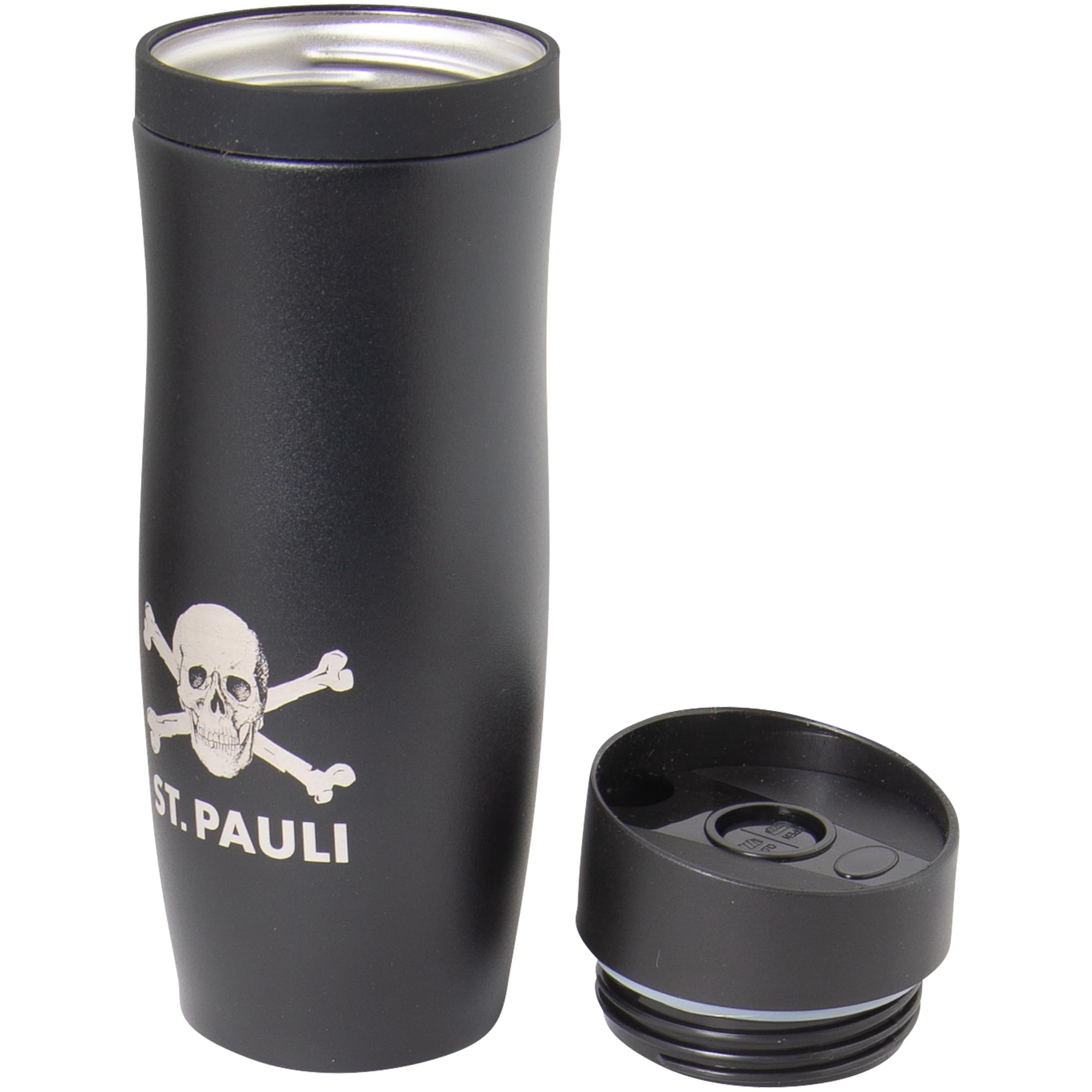 FC St. Pauli Thermobecher Totenkopf 380 ml – Offizieller Fanartikel – Schwarzer Edelstahl-Becher mit Totenkopf-Logo – Doppelwandig & auslaufsicher