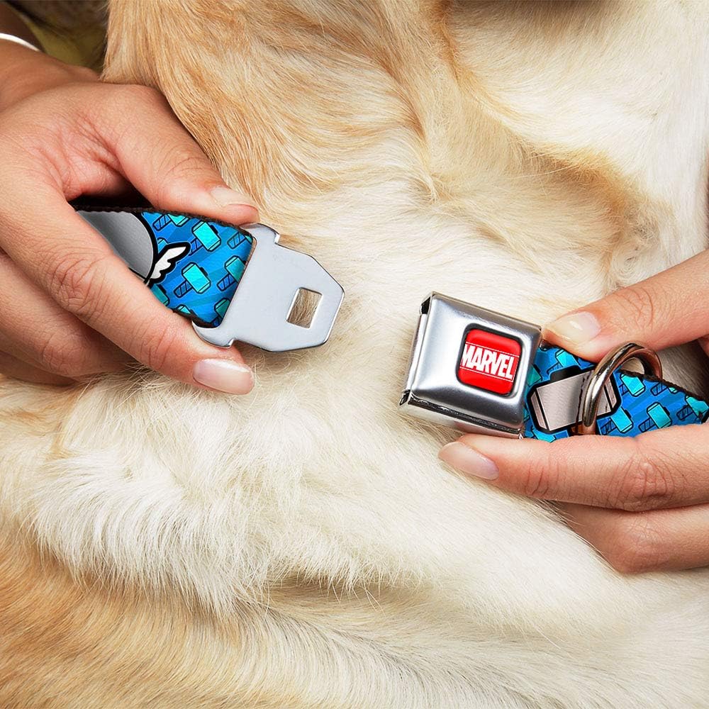 Dog Collar Seatbelt Buckle Kawaii Thor Poses Hammer Monogram Blues 11 to 17 Inches 1.0 Inch Wide