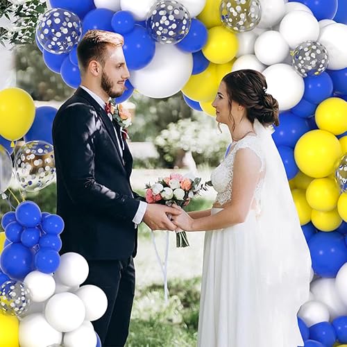 Miniatura 3 de Kit de arco de guirnalda de globos azules, amarillos y blancos, 116 globos de confeti azul real, amarillo, blanco, plateado, para cumpleaños, novia