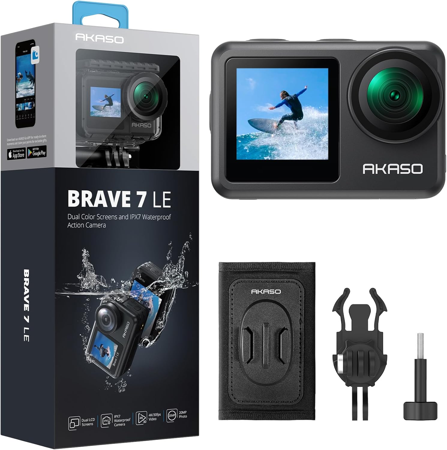 AKASO Brave 7 LE Action Camera and Quick Release Backpack Shoulder Strap Mount Accessories Kit Bundle