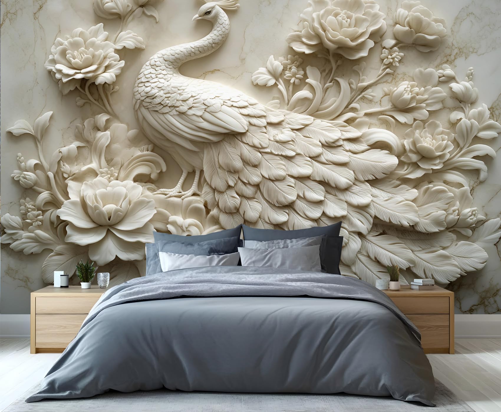 GIVLWF Peacock Wallpaper, 3D Animal Self Adhesive Wallpaper for Living Room, Modern White Wall Paper for Bedroom, Light Luxury Wall Mural, Beauty Large Mural & Room Decor