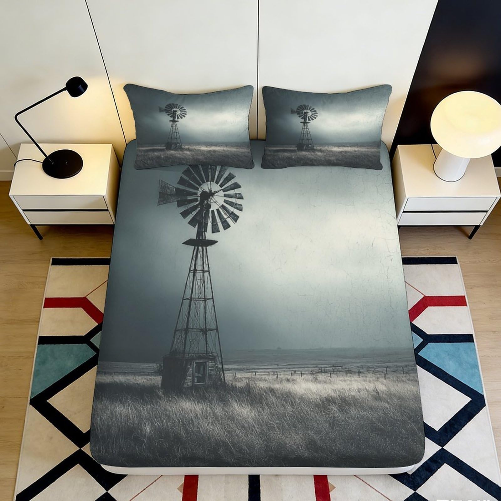 3D Printed Windmill Landscape Fitted Sheet Microfiber Soft Grey Rural Field Bed Cover Anti-Slip Bedroom Decor Easy Care 90x200x25cm