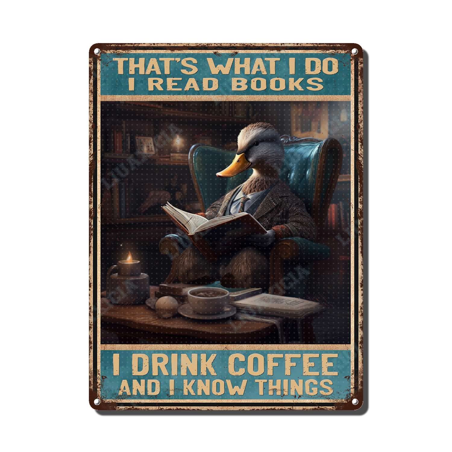 peiyeety Metal Tin Sign That's What I Do I Read Books Duck Vintage Decorative Wall Art,Retro Book Lover Rustic Plaque for Home Living Room Bedroom Library Office,12x16 Inch