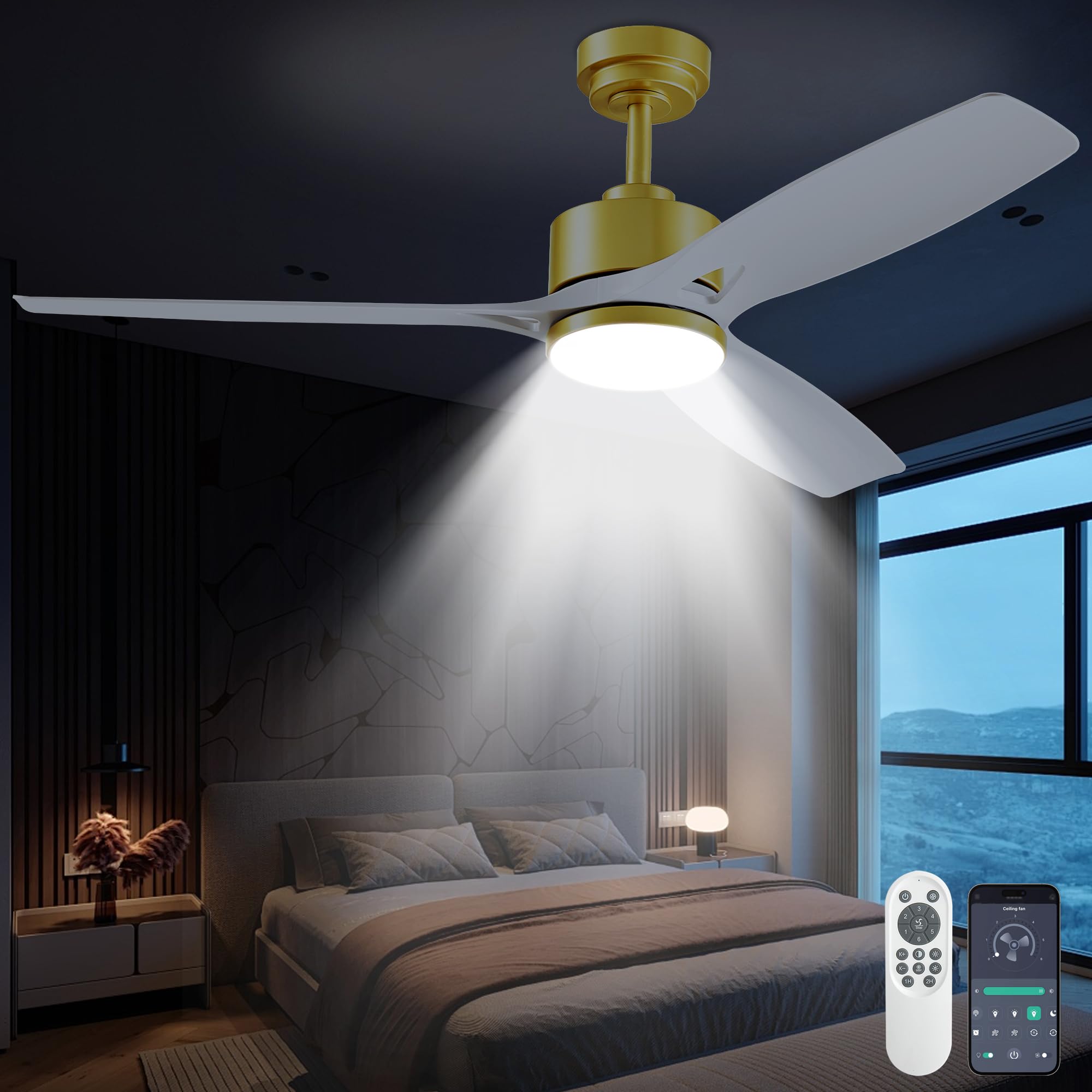 DIAMONDFORGE 52 Inch Ceiling Fans with Lights and Remote Control - Outdoor Indoor Flush Mount Low Profile White Gold Ceiling Fans for Living Room,Bedroom,Patio