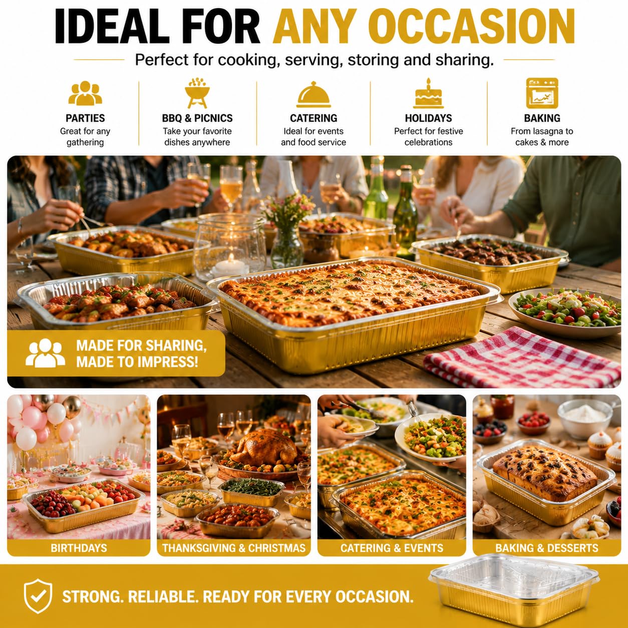 Paquete de 15 sartenes de aluminio resistentes con tapas de 9 x 13 pulgadas, bandeja de aluminio dorado para hornear de tamaño medio, contenedor de alimentos de doble grosor con tapas para