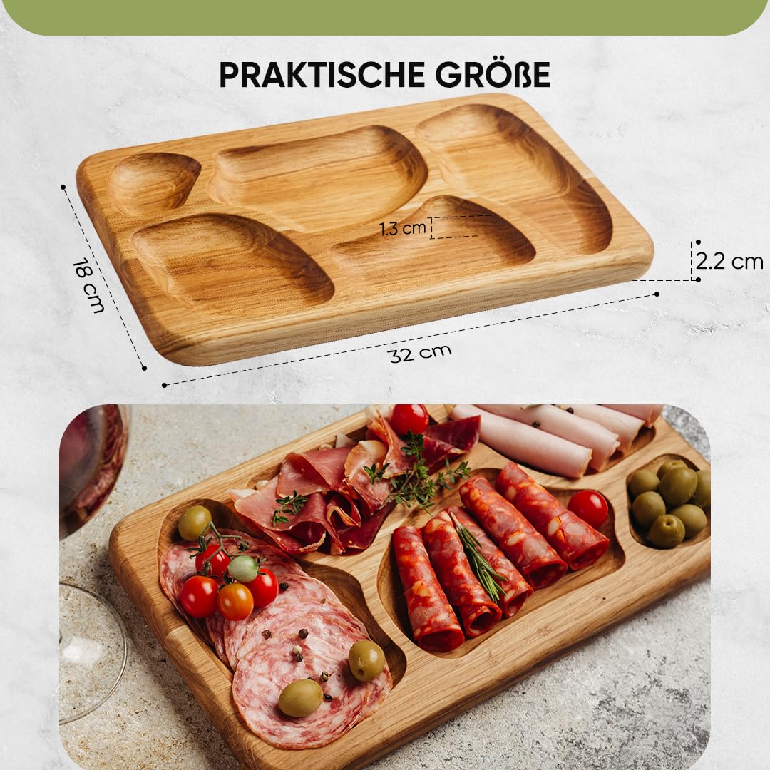 Juego de 2 tablas de desayuno de madera de roble, para servir aperitivos con compartimentos, tabla para aperitivos de madera, para servir desayuno, pan de noche, plato para servir