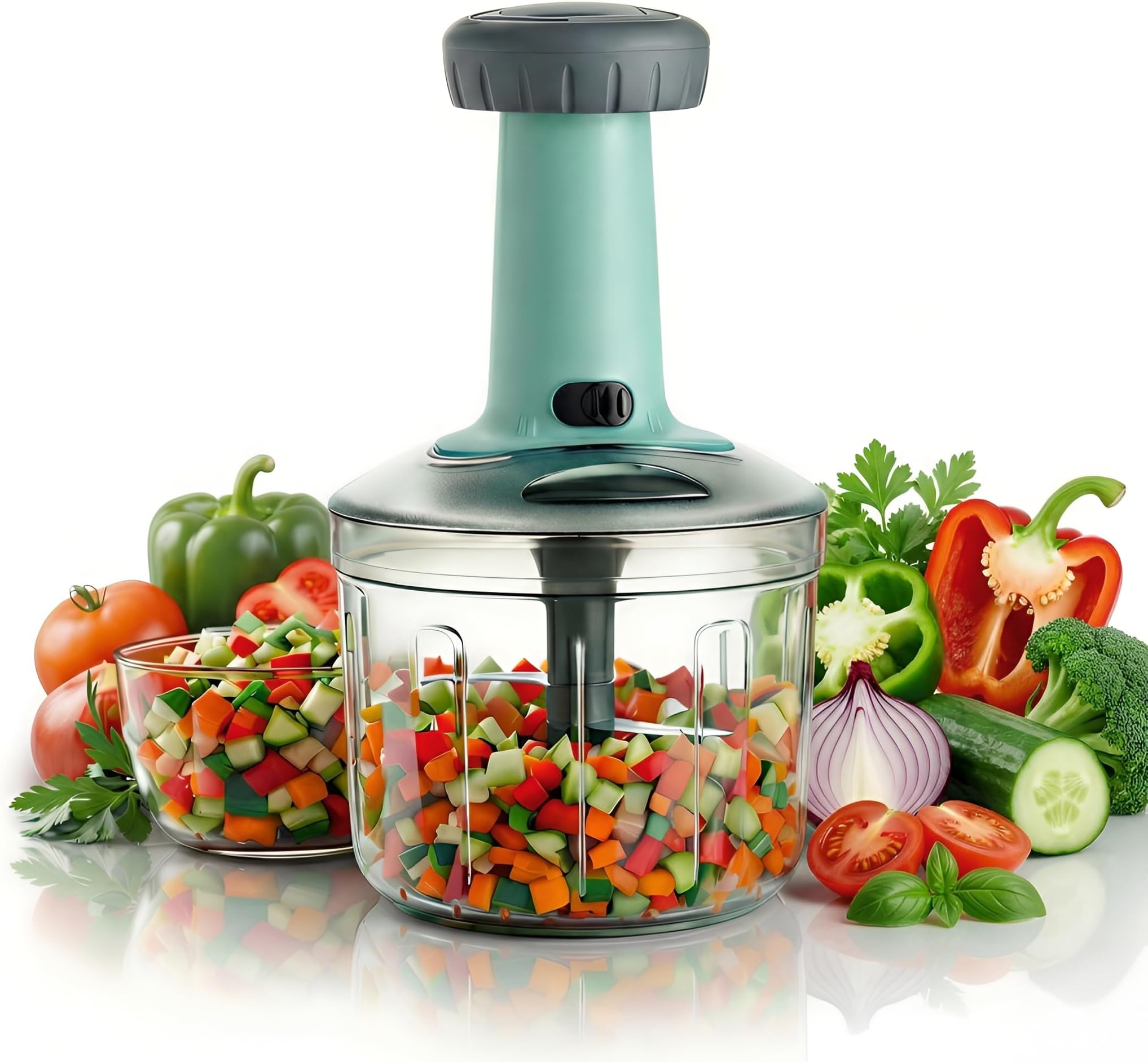 1100ml Large Vegetable Chopper for Kitchen | 6 Blade Hand Press Food Processor & Onion Cutter | Manual Dicer, Slicer & Grinder for Dry Fruits, Nuts & Herbs | Mint Green