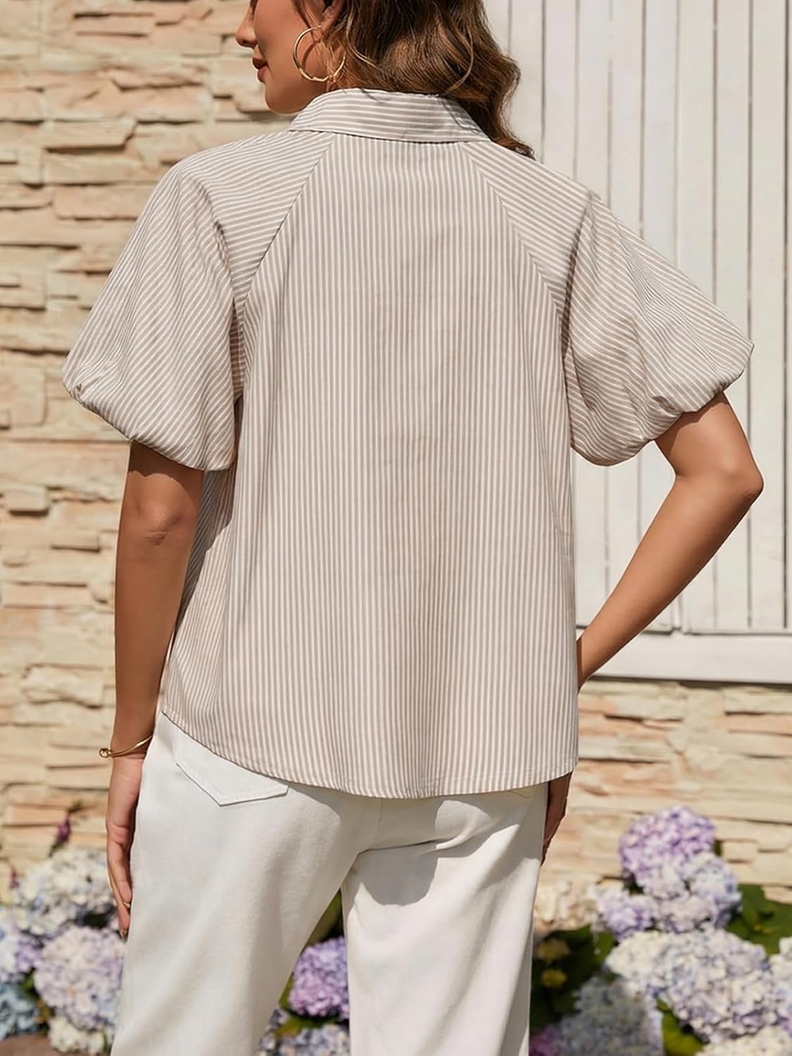 Women's Puff Sleeve Striped Button Down Shirts Summer Dressy Casual Loose Fit Shirt