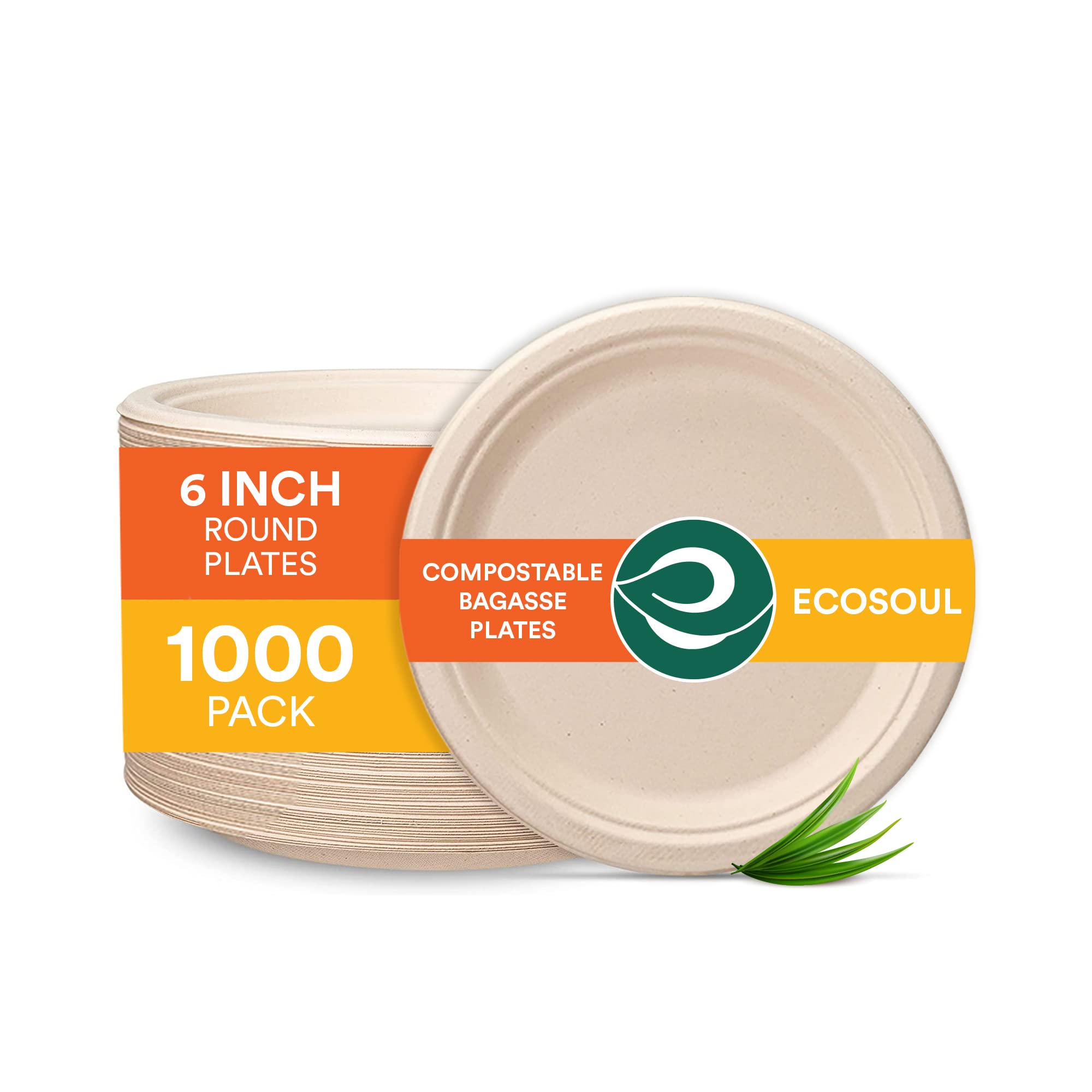 ECO SOUL 100% Compostable 6 Inch Paper Plates [1000-Pack] Disposable Party Plates I Heavy Duty Eco-Friendly Appetizer Sturdy Plates Disposable I Biodegradable Unbleached Sugarcane Eco Plates