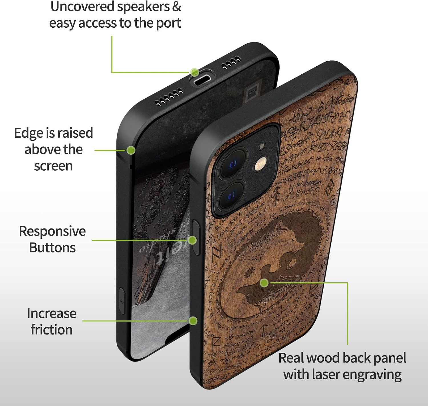 Carveit Magnetic Wood Case for iPhone 12 Case [Natural Wood & Black Soft TPU] Shockproof Protective Unique & Classy Wooden Cover Compatible with MagSafe (Wolf -Walnut)