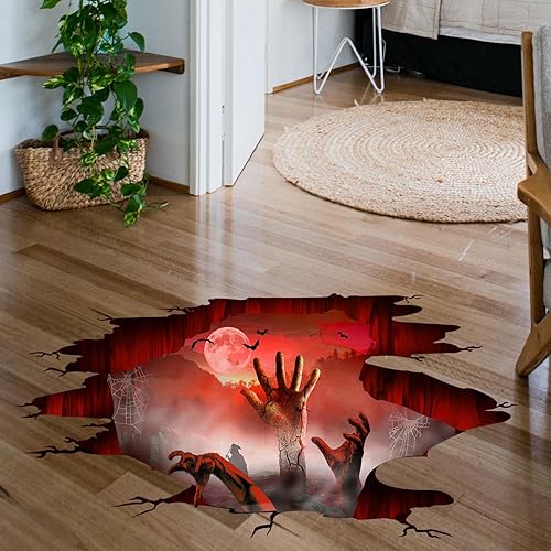Miniatura 6 de Calcomanías 3D espeluznantes para suelo de Halloween, calcomanías de pared de piso de fantasmas para sala de estar, luna aterradora, bruja y