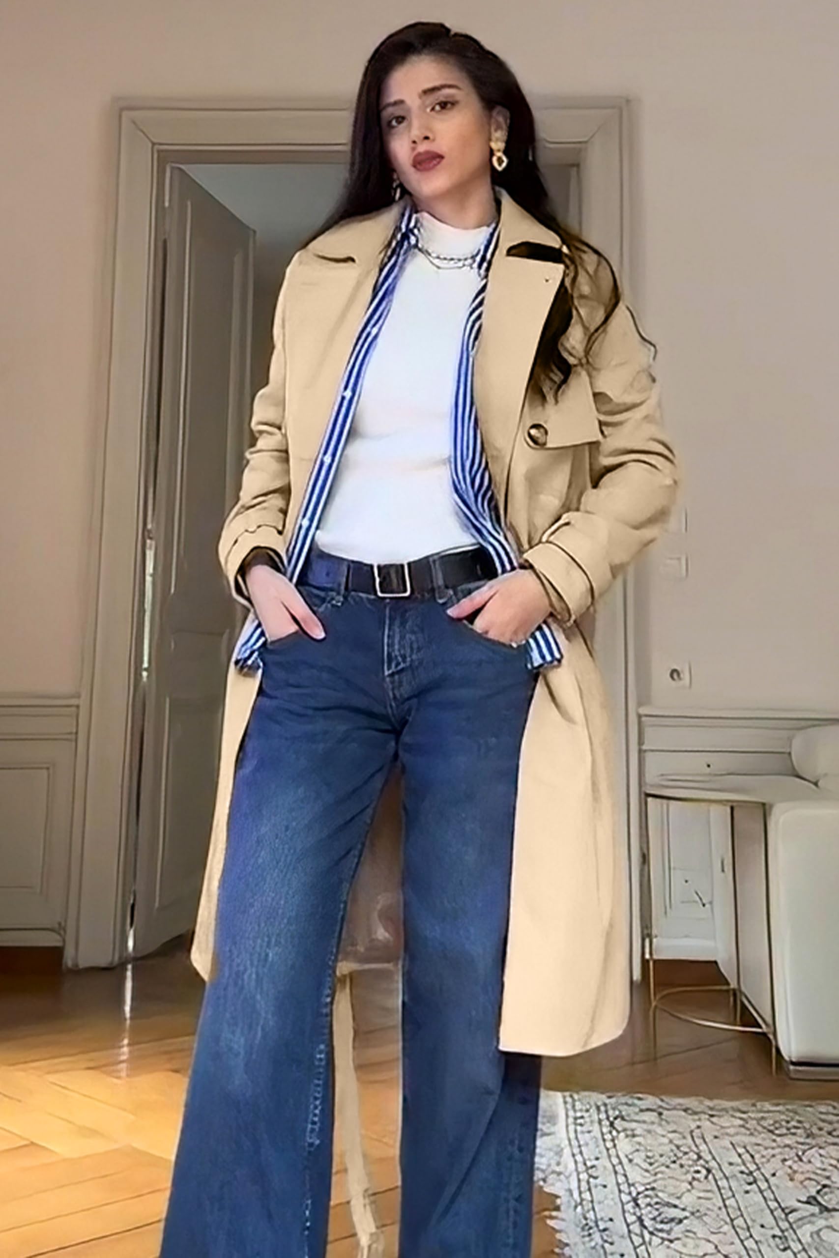 OROLAY Trench Lungo da Donna con Cintura Trench Leggero Doppiopetto con Spolverino