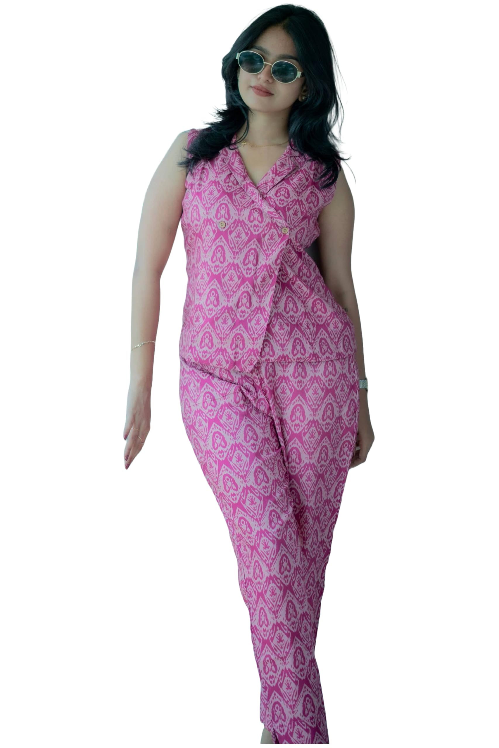 Indo Era Women Rayon Printed Jacket with Pant Co-Ord Set|Jacket with Pant Set|Indo-Western Ethnic Co-Ord|Sleeveless |Stylish & Comfortable, Perfect for Every Occasion in multi