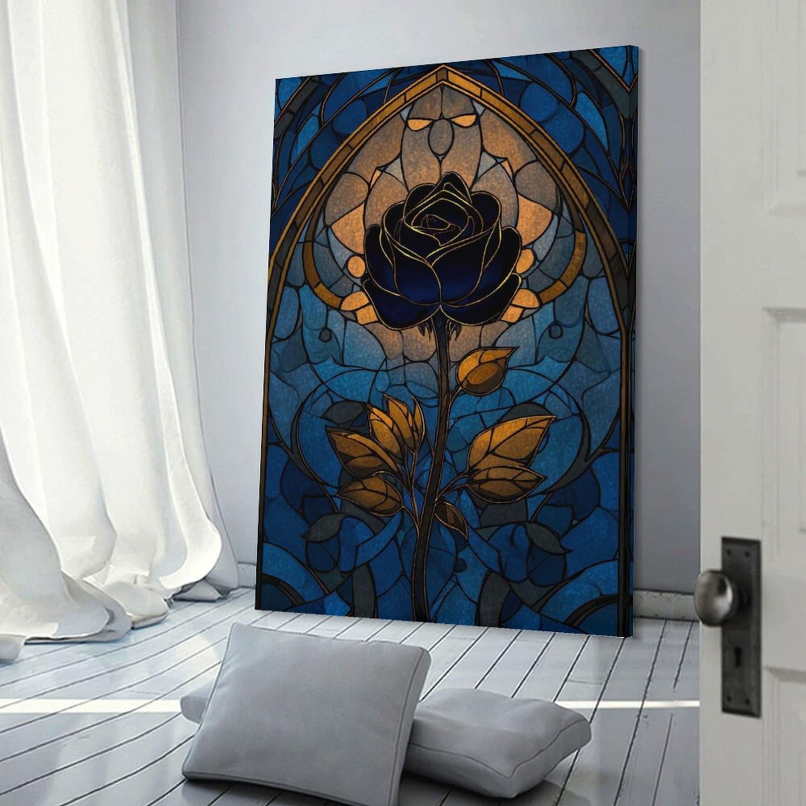 Junmoney Stained Glass Rose Window Canvas Art Print, 20x30inch(50x75cm), for Hallway, Bedroom Or Modern Interiors, A Wall Art Gift for Fresh Interiors
