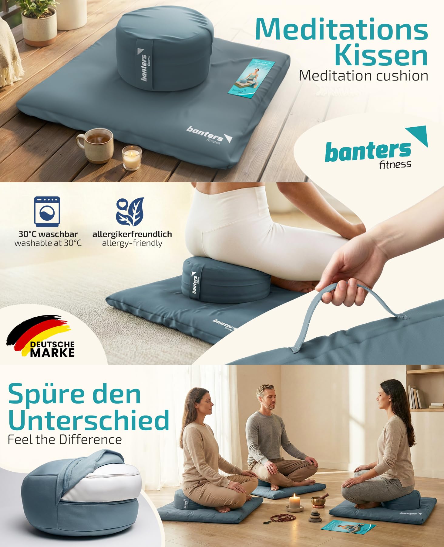 banters Set di cuscini da meditazione con imbottitura in kapok, cotone biologico, zafu e zabuton, altezza regolabile, lavabile, con cinghie per il trasporto e modello diario di 5 minuti
