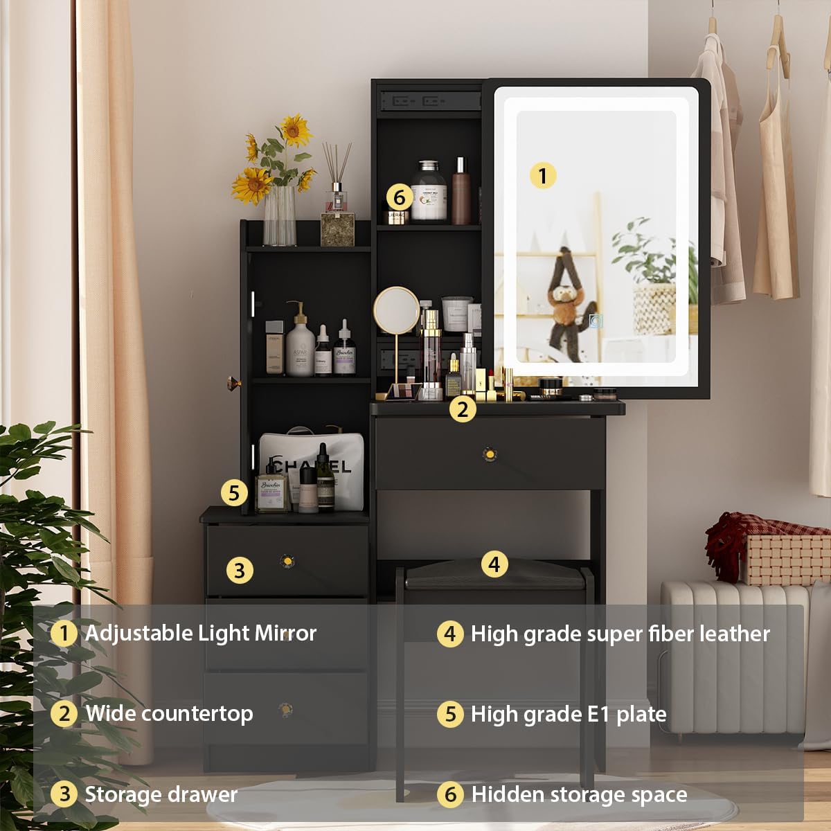 Small Vanity Table Makeup Vanity Dressing Table with Mirror, 4 Drawers & Shelves, Dressing Desk and Cushioned Stool Set (Black, Slidding Lighted Mirror)