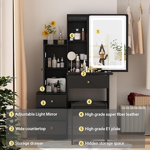 Miniatura 9 de Tocador pequeño de maquillaje con espejo, 4 cajones y estantes, tocador y taburete acolchado (blancogris, espejo iluminado deslizante)