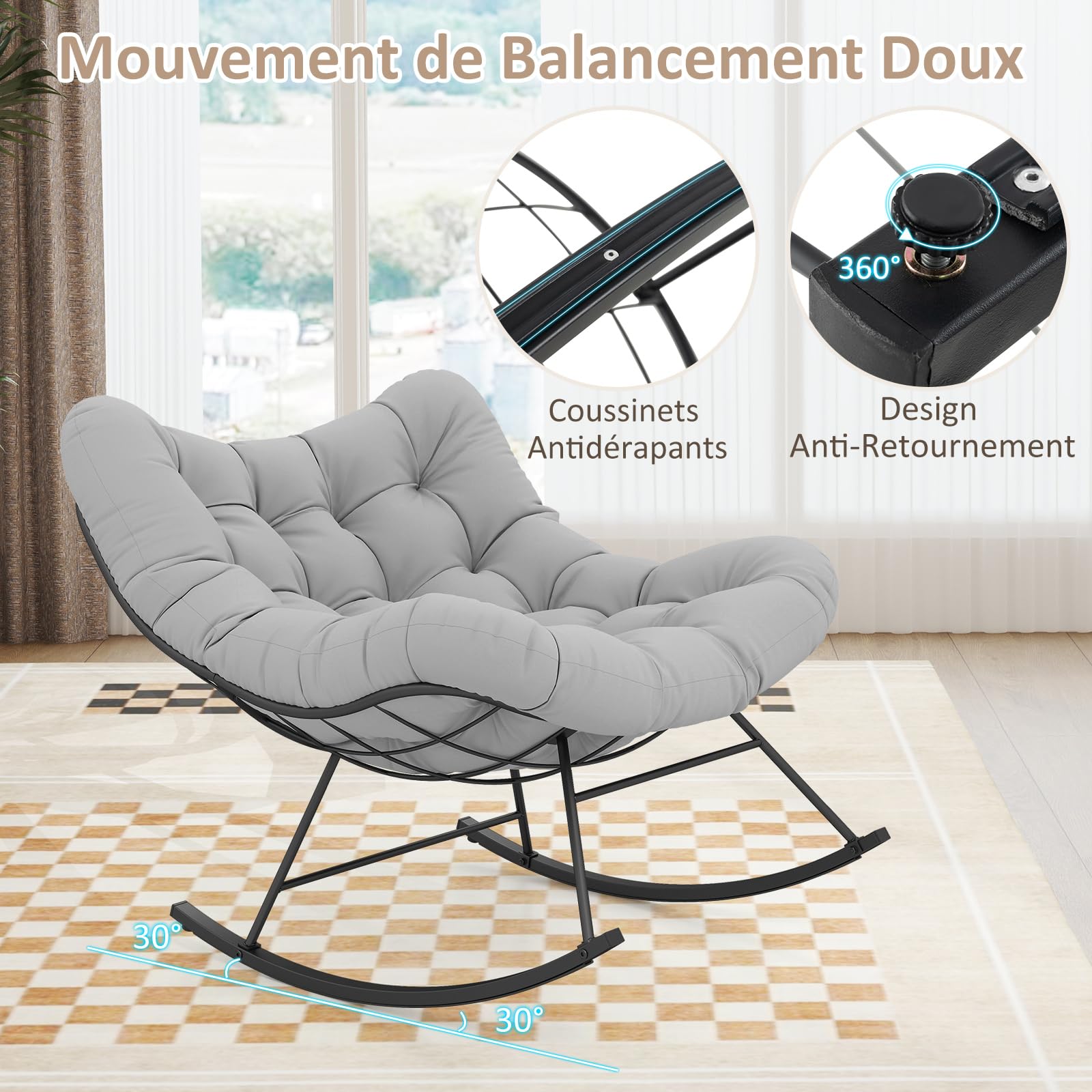 RELAX4LIFE Fauteuil à Bascule de Jardin, Chaise Papasan avec Coussin et Cadre en Métal pour Intérieur et Extérieur, Charge 205KG pour Chambre Salon Porche Jardin Terrasse (Gris) (Gris Clair)