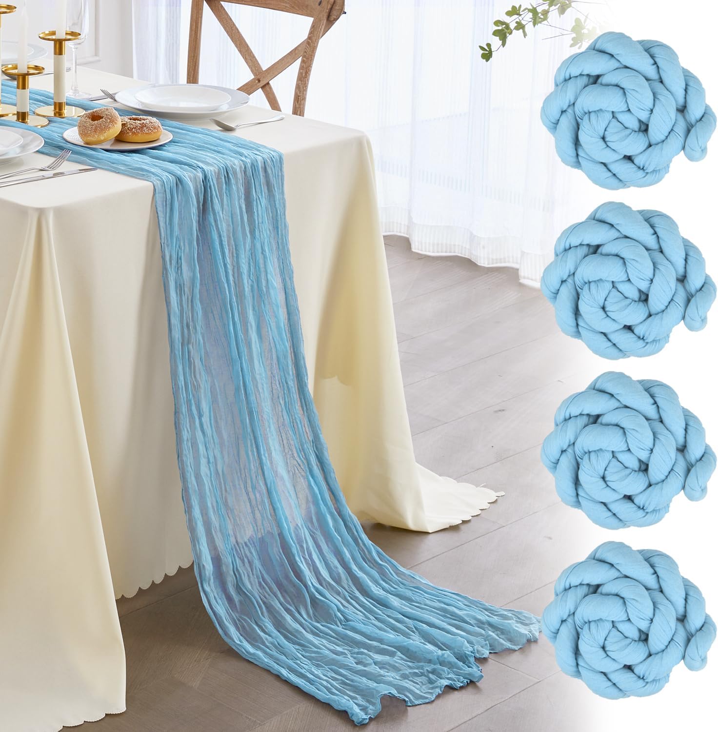 Nialnant 10 Pack Baby Blue Cheesecloth Table Runner,13Ft Boho Table Runner for Kitchen Dinner, Blue New Year Party,Wedding Bridal Showers Decorations