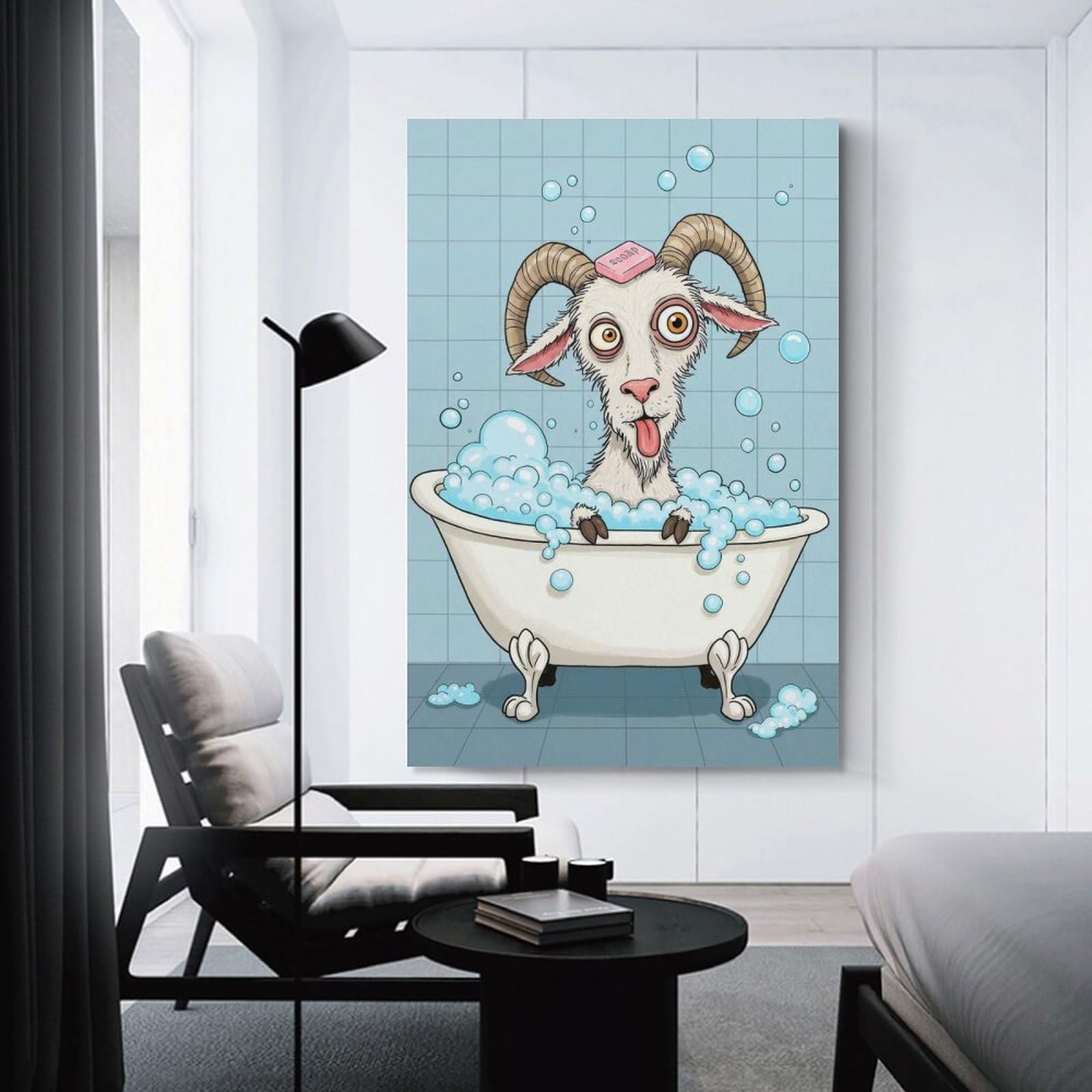Junmoney Goat in Bathtub with Soap Hanging Wall Art 20x30inch(50x75cm), for Small Homes, Bedrooms Or Open Spaces, Decorative Canvas Decor for Home Updates