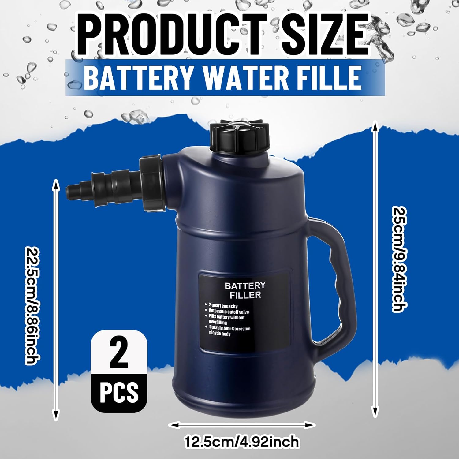 2 Pcs Heavy Duty Battery Filler 2 Quarts Battery Filler with Auto Shut and Drip Free Valve Water Filling Bottles for Golf Cart Automotive Tools Deep Cycle (Double Opening)